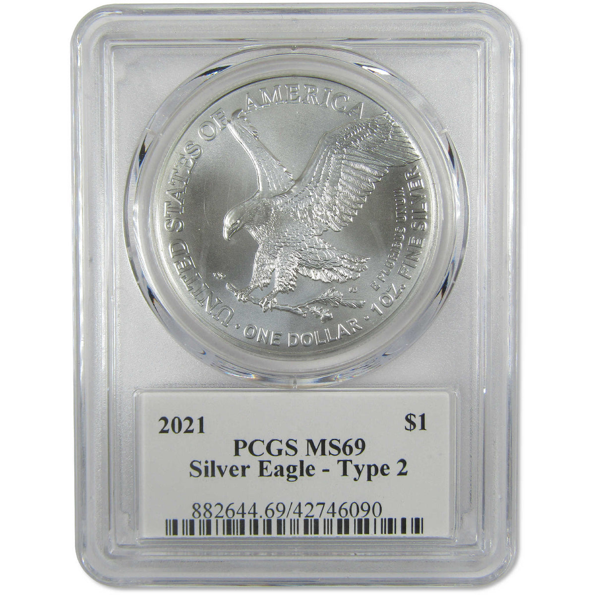 2021 Type 2 American Silver Eagle MS 69 PCGS $1 Coin Damstra