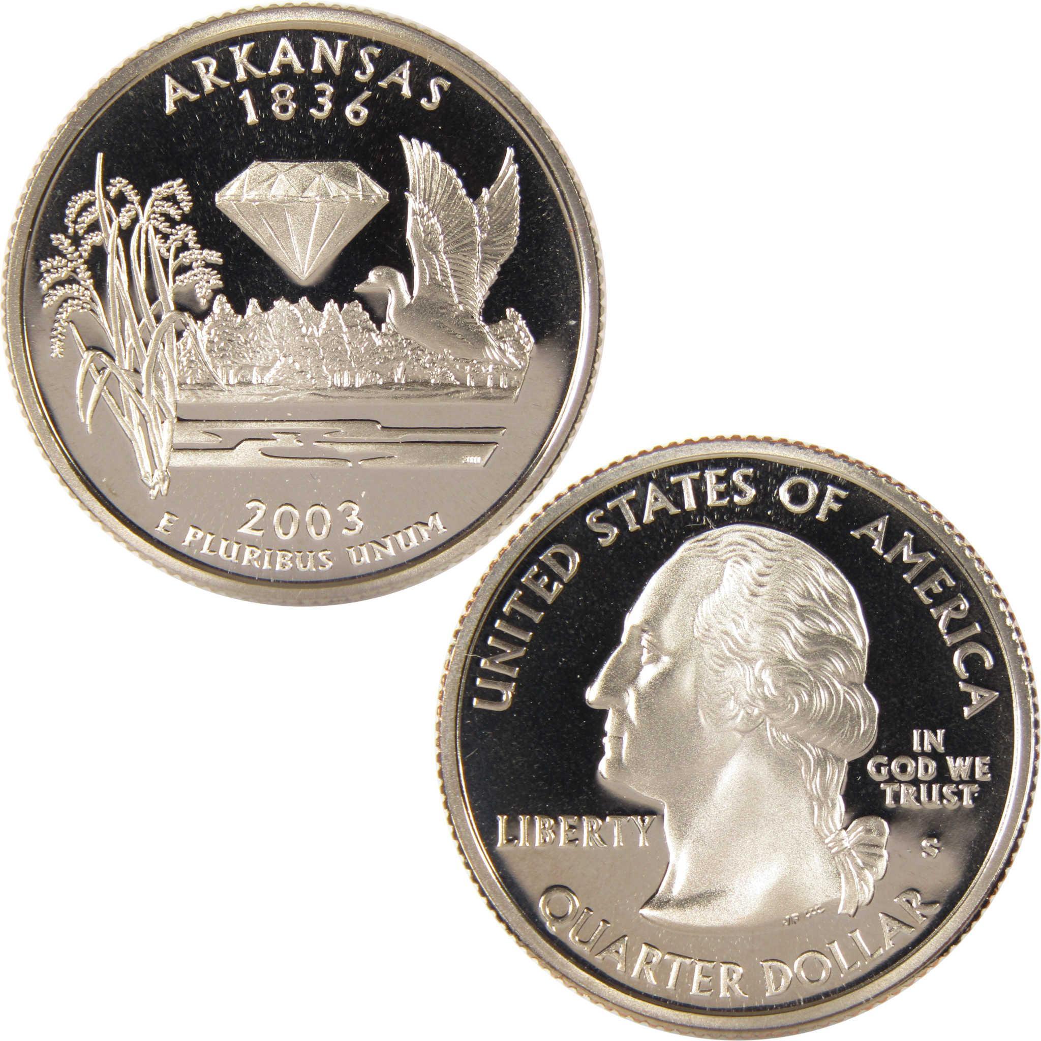 2003 Arkansas state quarter dollar coin featuring diamond, goose, and rice design