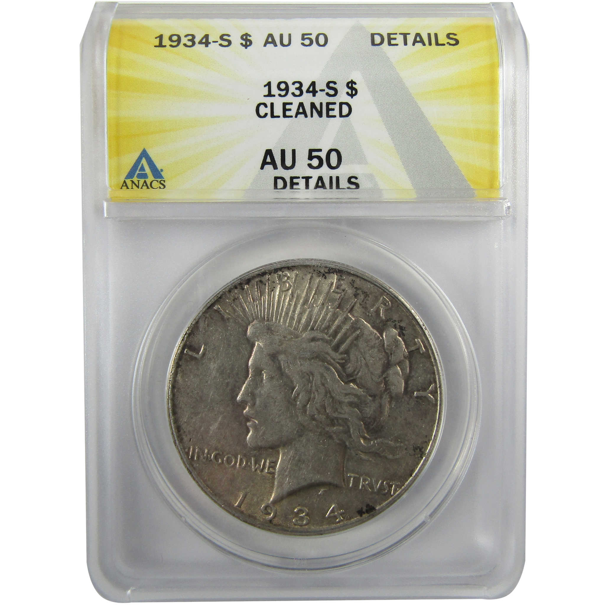 1934 S Peace Silver Dollar AU 50 Details ANACS $1 Coin SKU:I28083