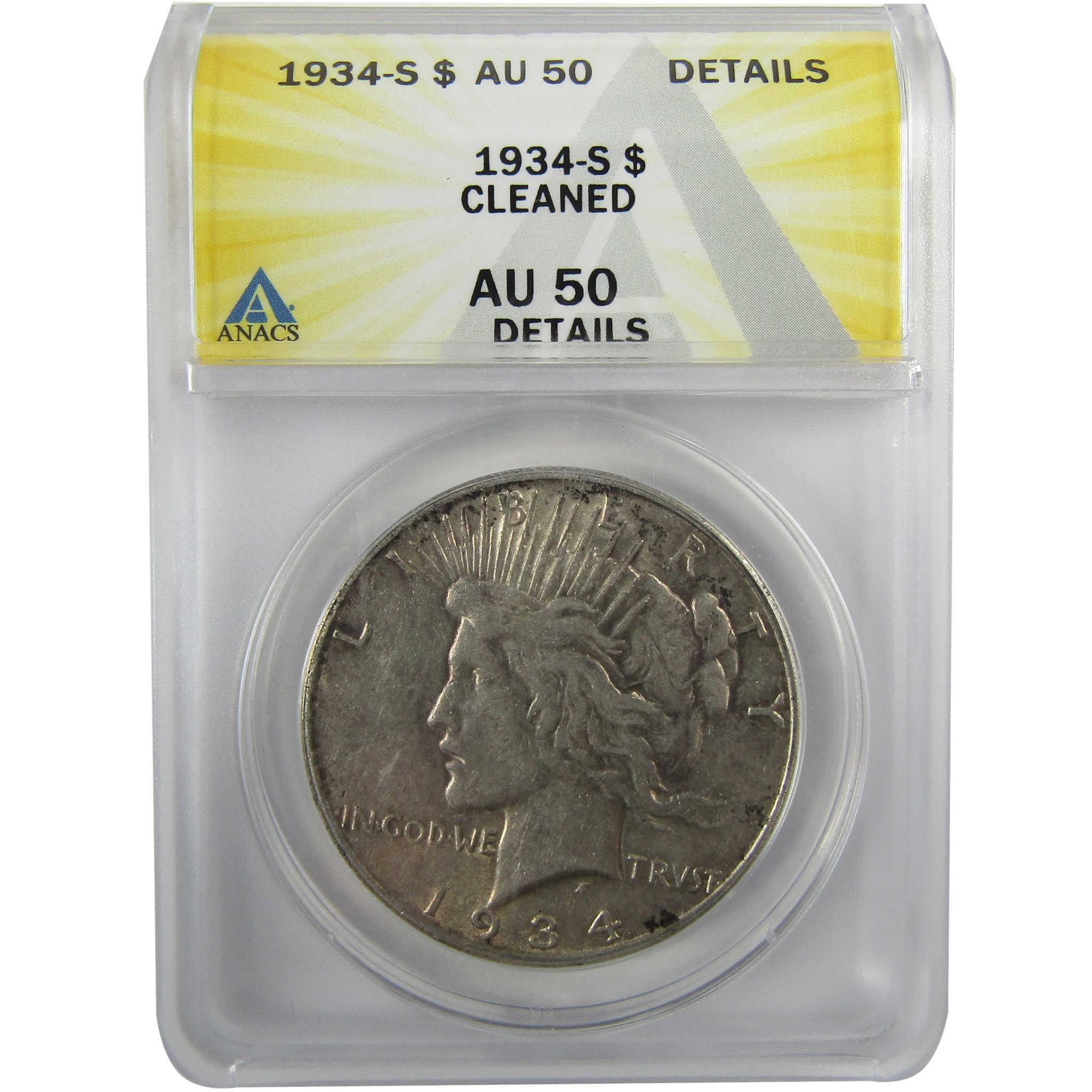 1934 S Peace Silver Dollar AU 50 Details ANACS $1 Coin SKU:I28083