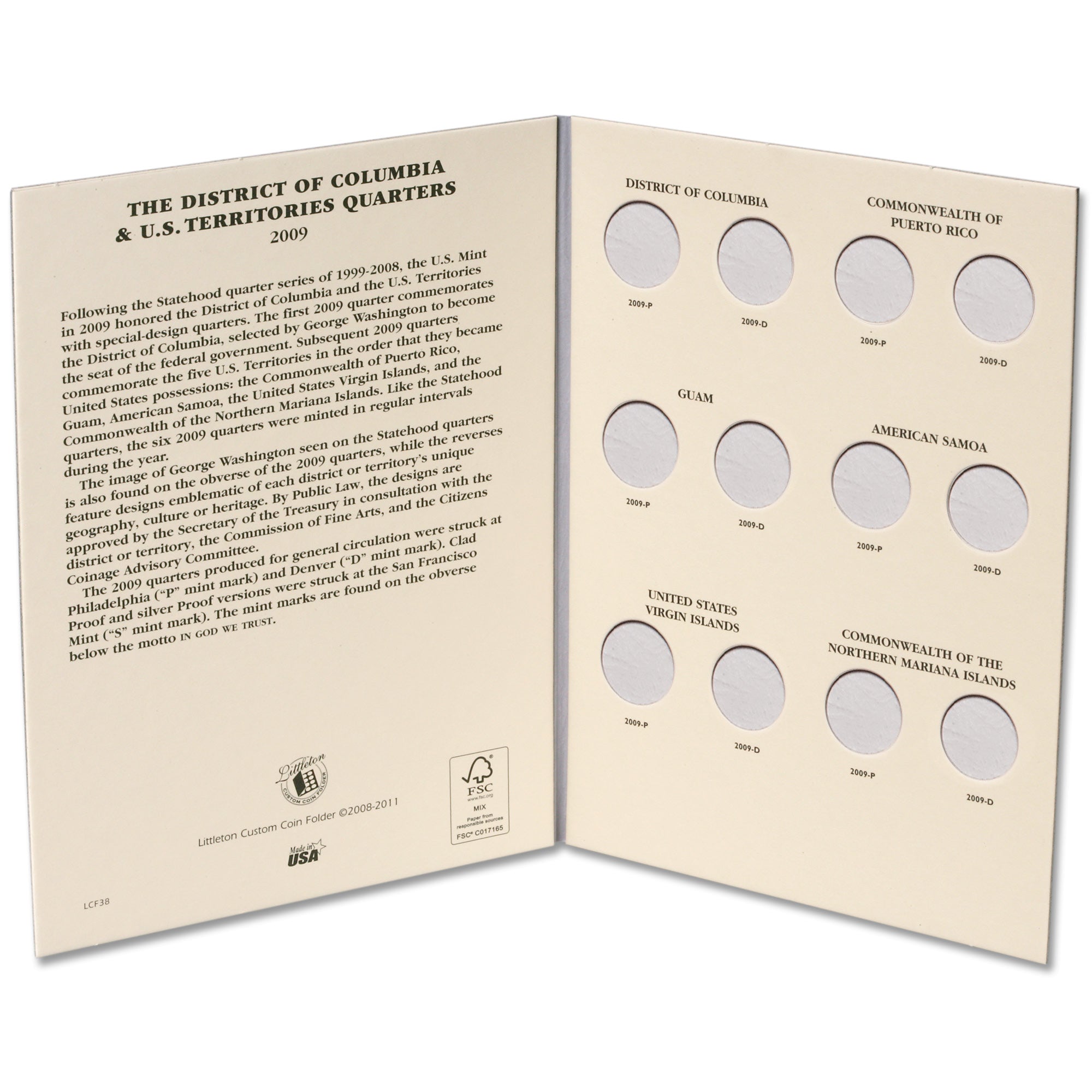 2009 District of Columbia & U.S. Territories Quarter Folder Littleton