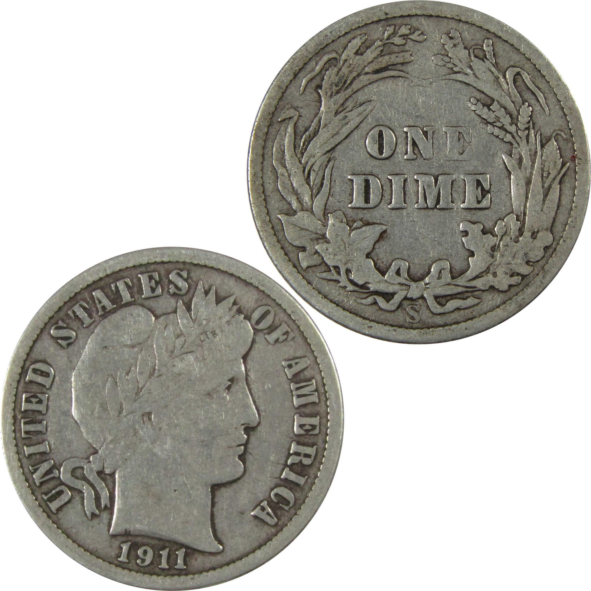 1911 S Barber Silver Dime F Fine 10c Coin Collectible SKU:CP1032