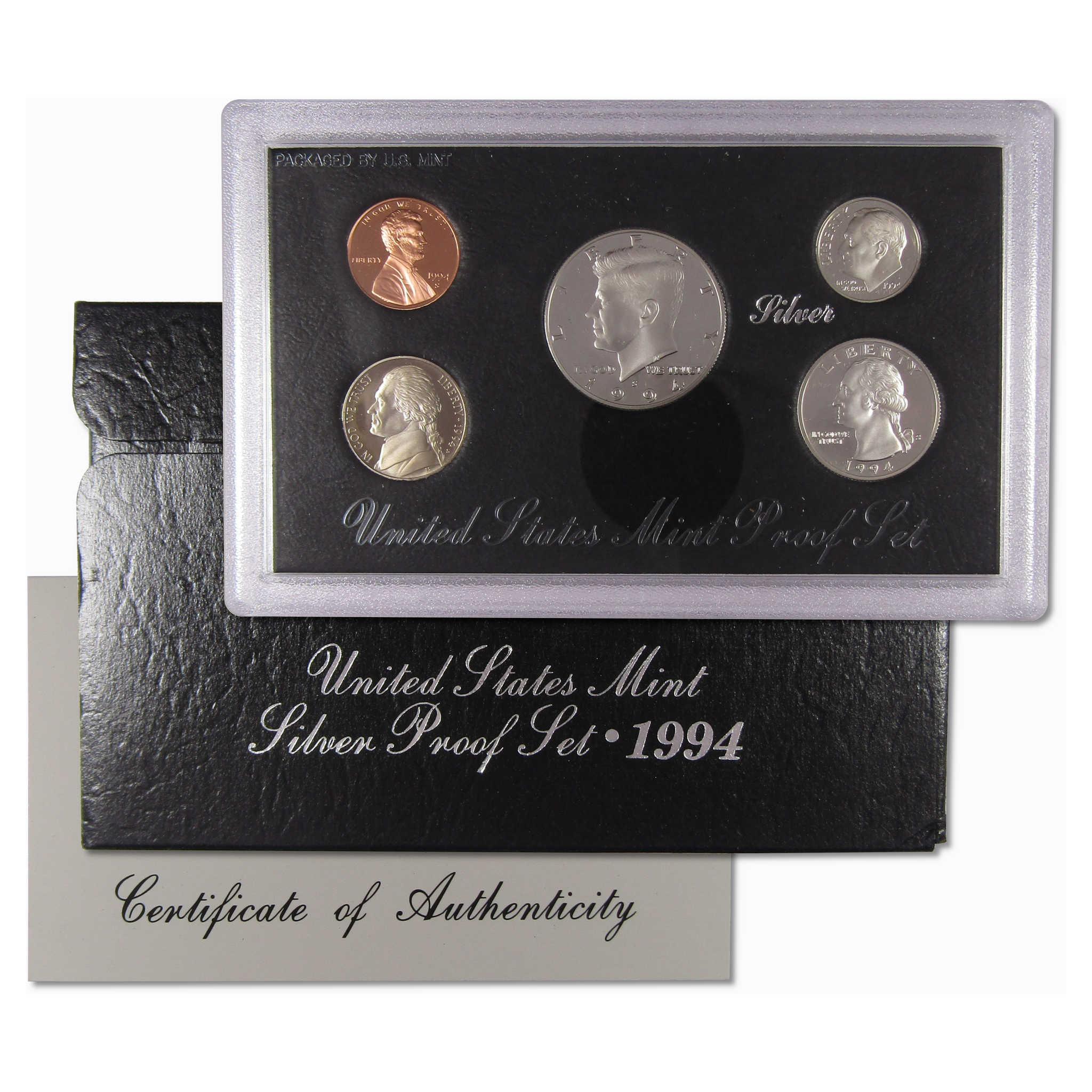 1994 United States Mint Silver Proof Set with five coins and Certificate of Authenticity