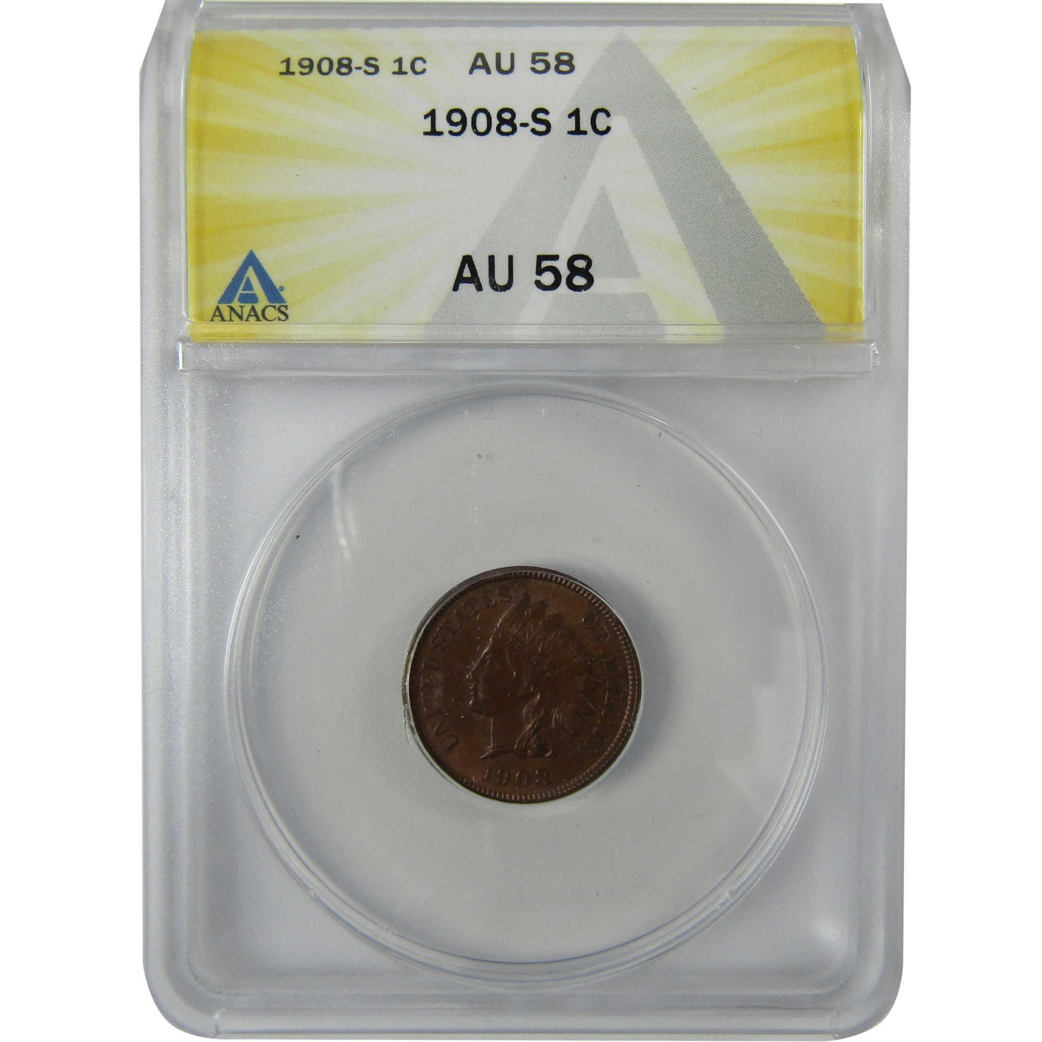 1908 S Indian Head Cent AU 58 ANACS Penny 1c Coin SKU:CP570