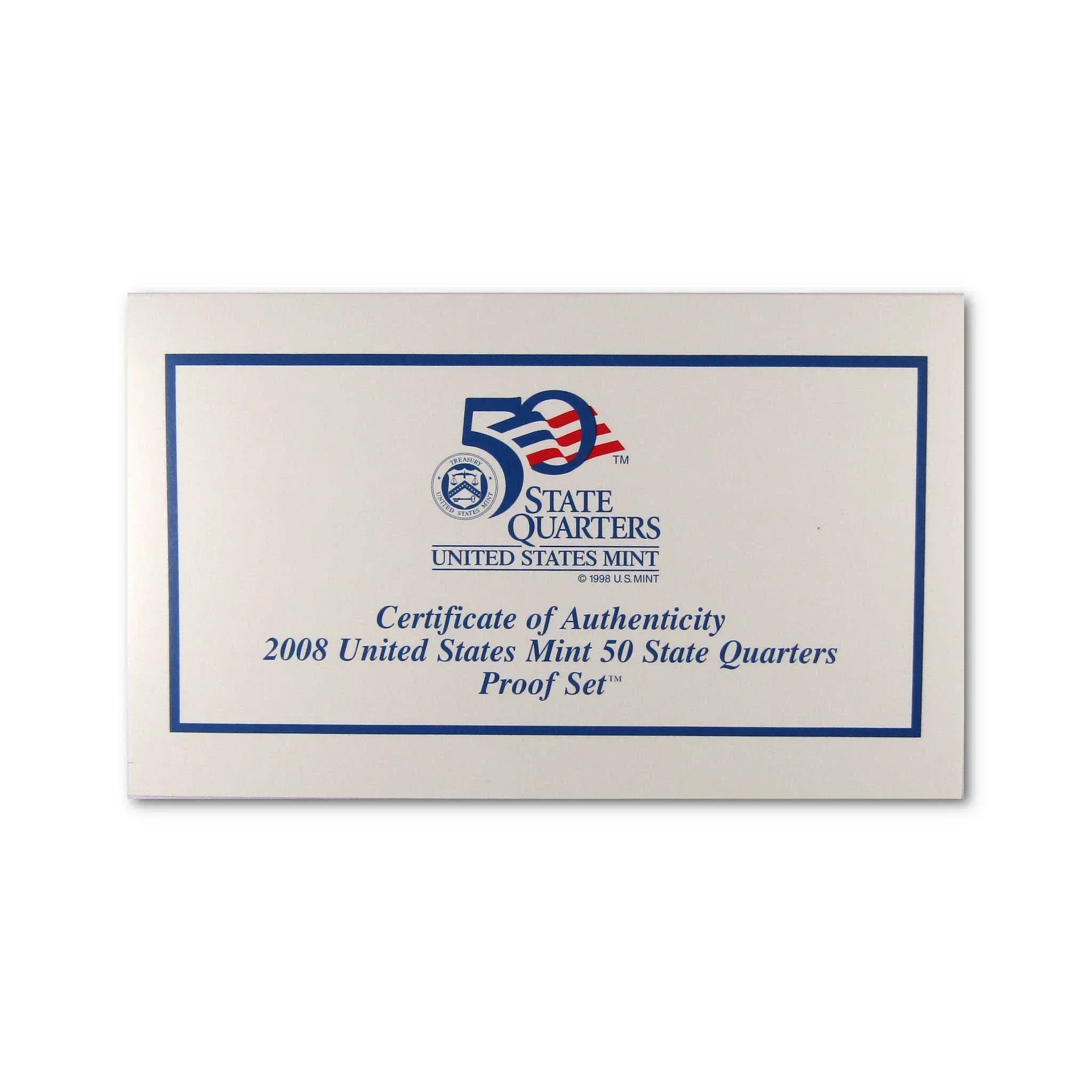 Certificate of authenticity for 2008 United States Mint 50 State Quarters Proof Set