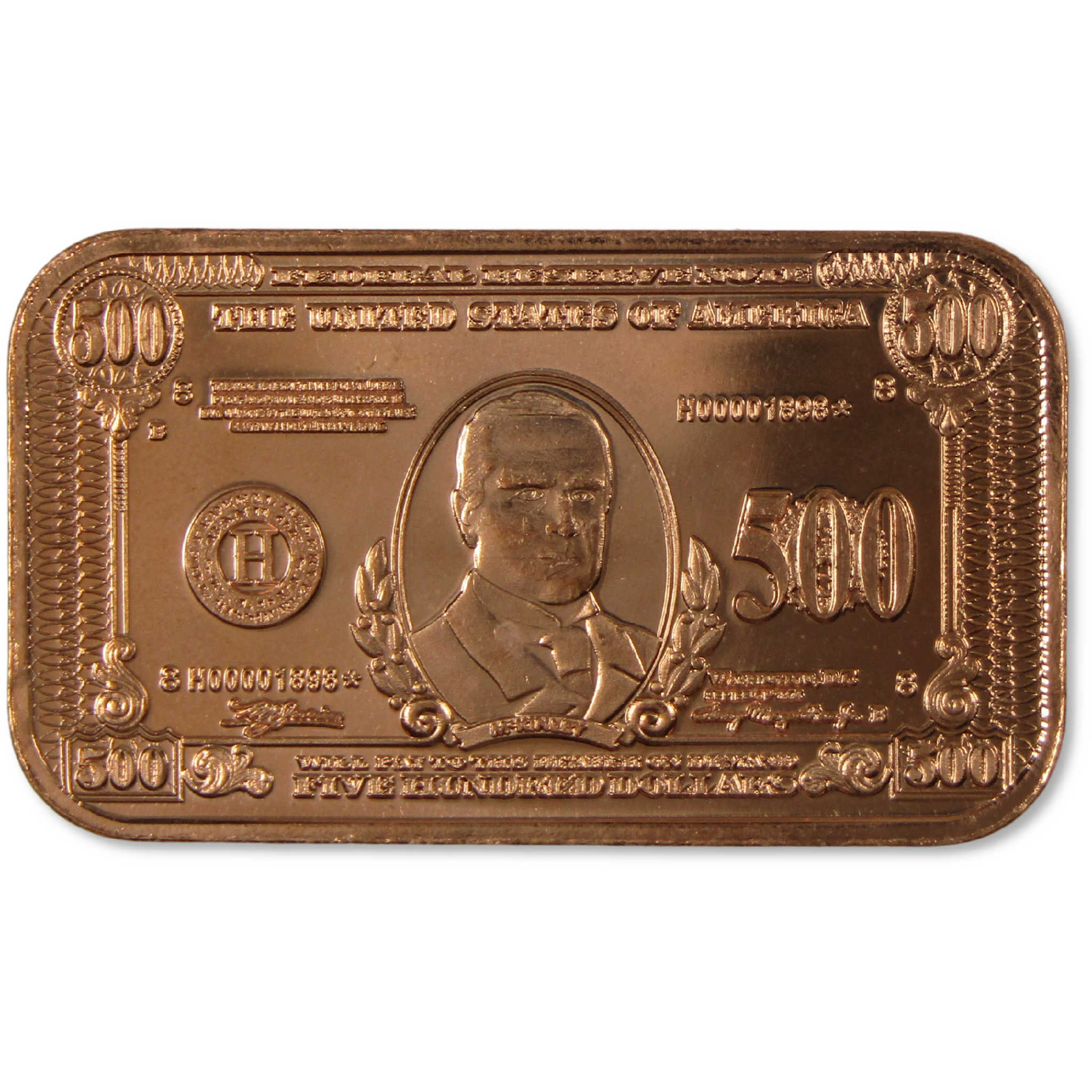 1934 $500 Federal Reserve Note-Shaped 1 oz .999 Copper Ingot Bar