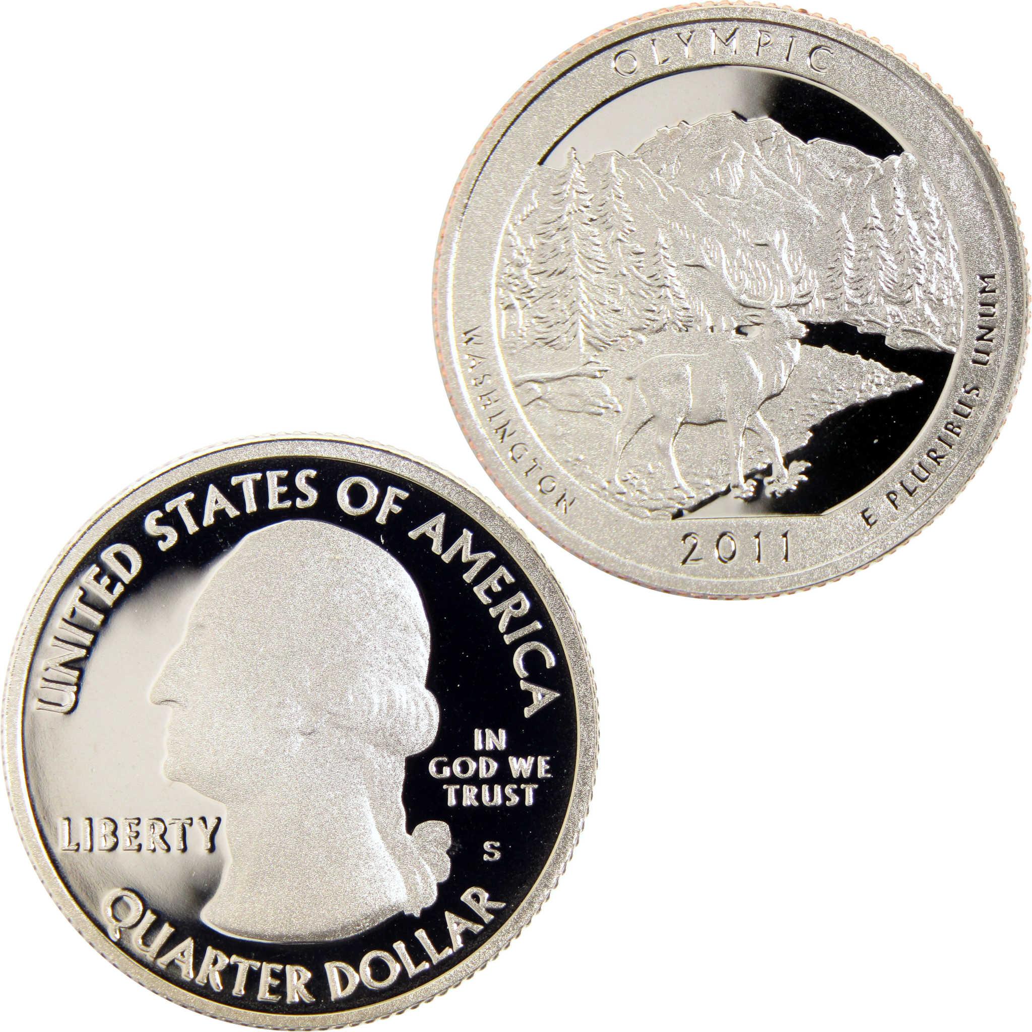 2011 Olympic National Park Washington quarter dollar collectible coin, obverse and reverse sides shown.