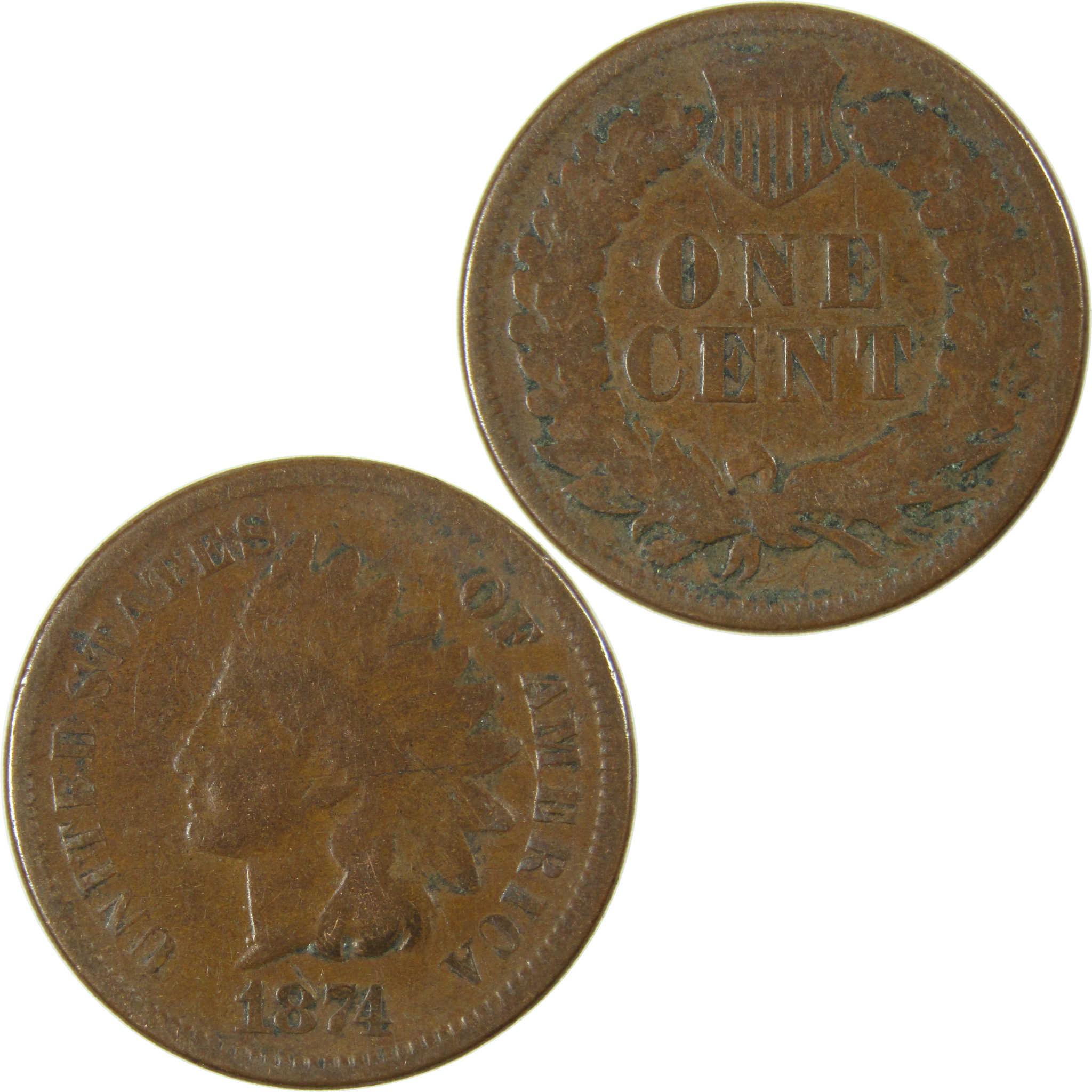 1874 Indian Head Cent G Good Penny 1c Coin Collectible SKU:I26414