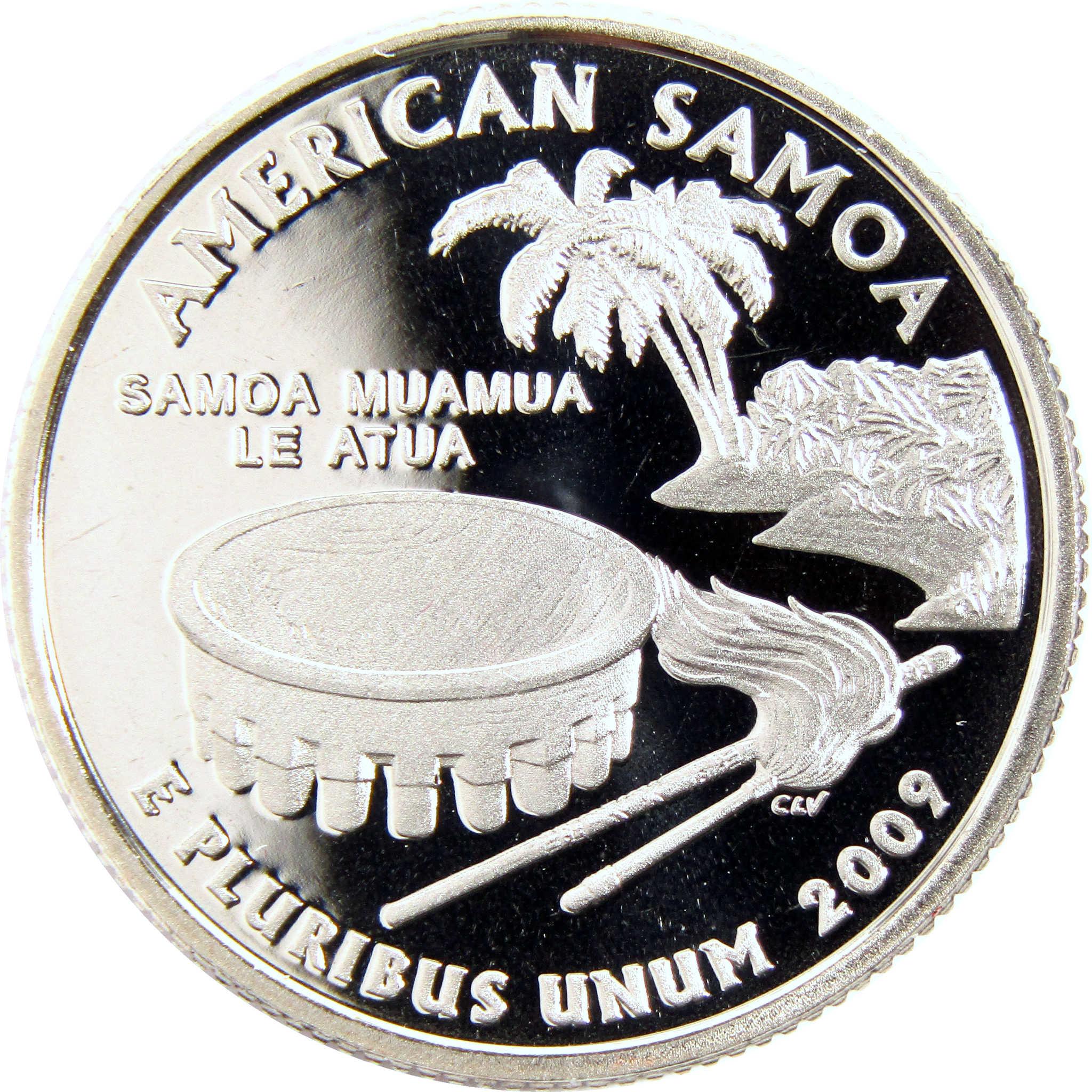2009 American Samoa quarter coin featuring traditional drum, staff, and palm trees