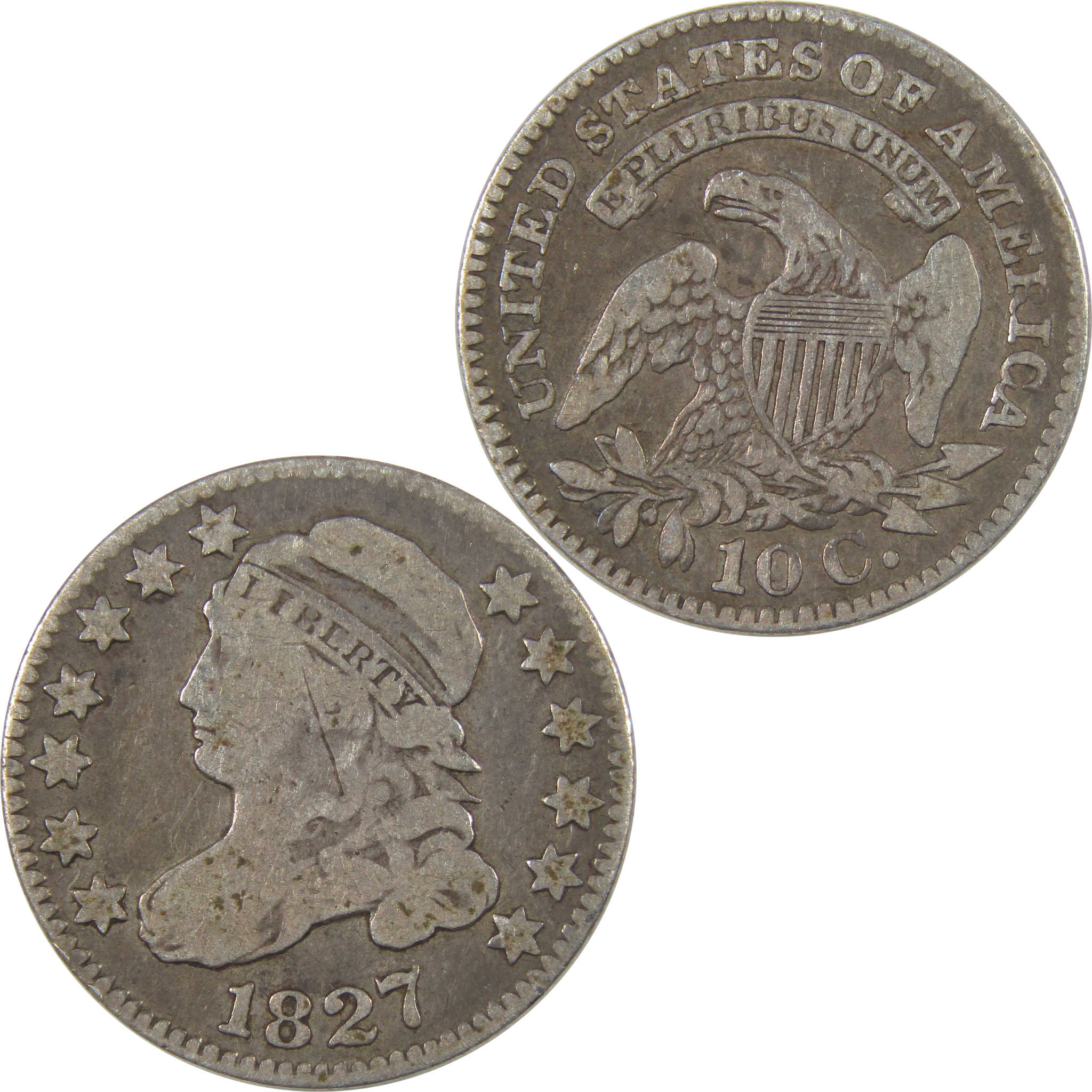 1827 Pointed Top Capped Bust Dime F Fine Silver 10c Coin SKU:I23834