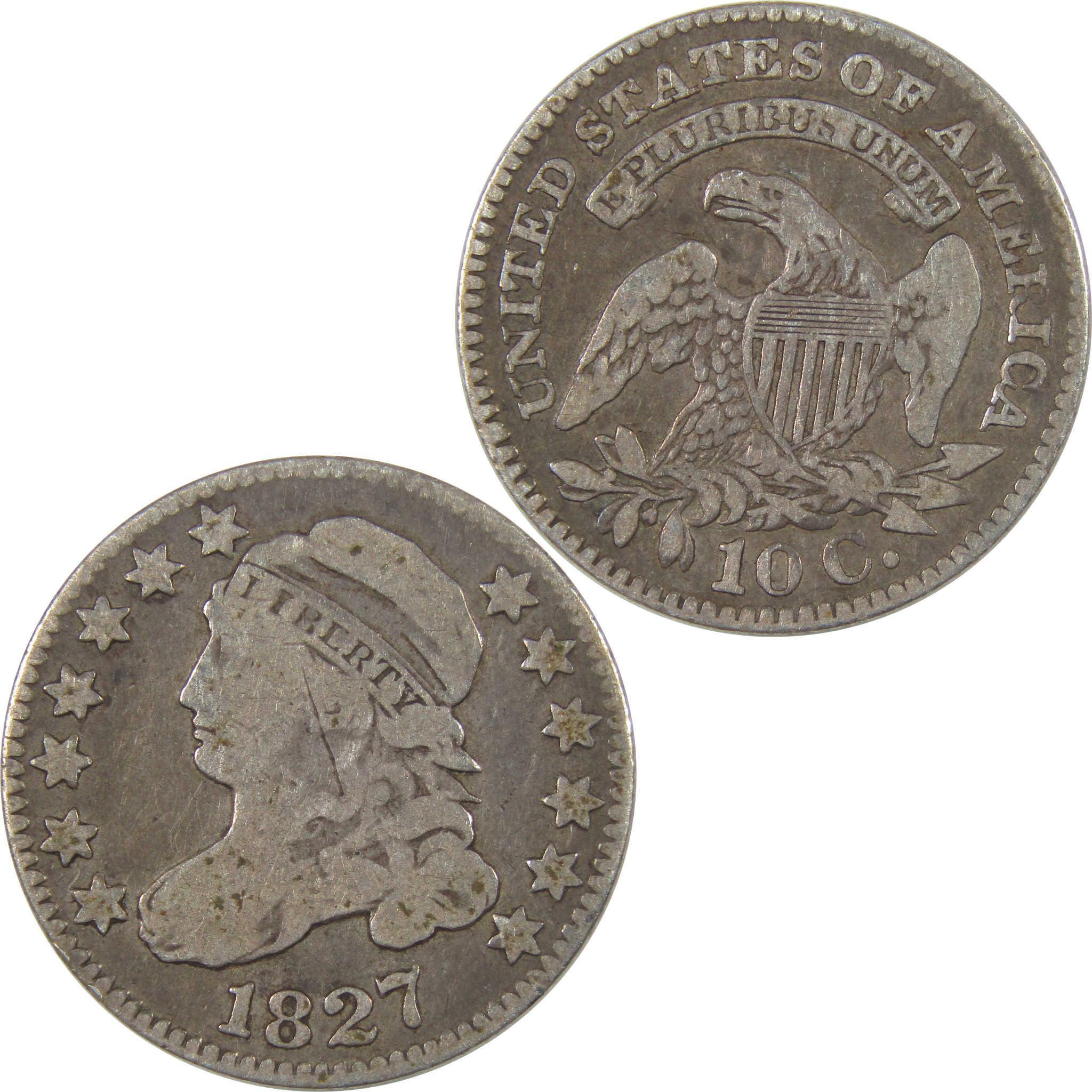 1827 Pointed Top Capped Bust Dime F Fine Silver 10c Coin SKU:I23834