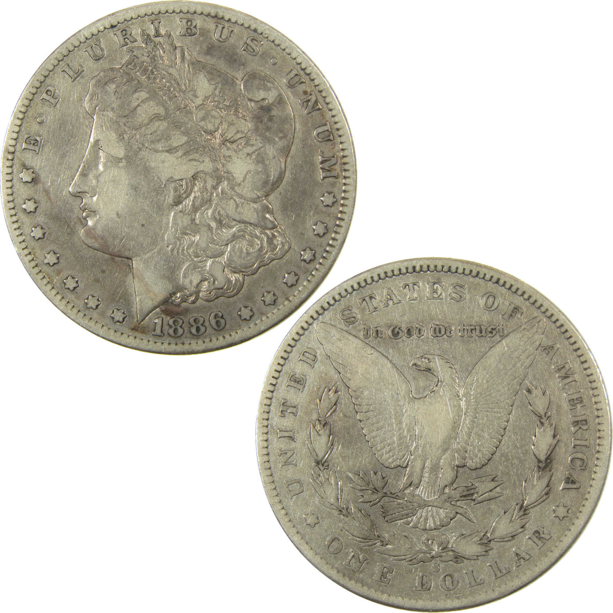 1886 S Morgan Silver Dollar F Fine Details $1 Coin SKU:CP1724 - Morgan coin - Morgan silver dollar - Morgan silver dollar for sale - Profile Coins & Collectibles
