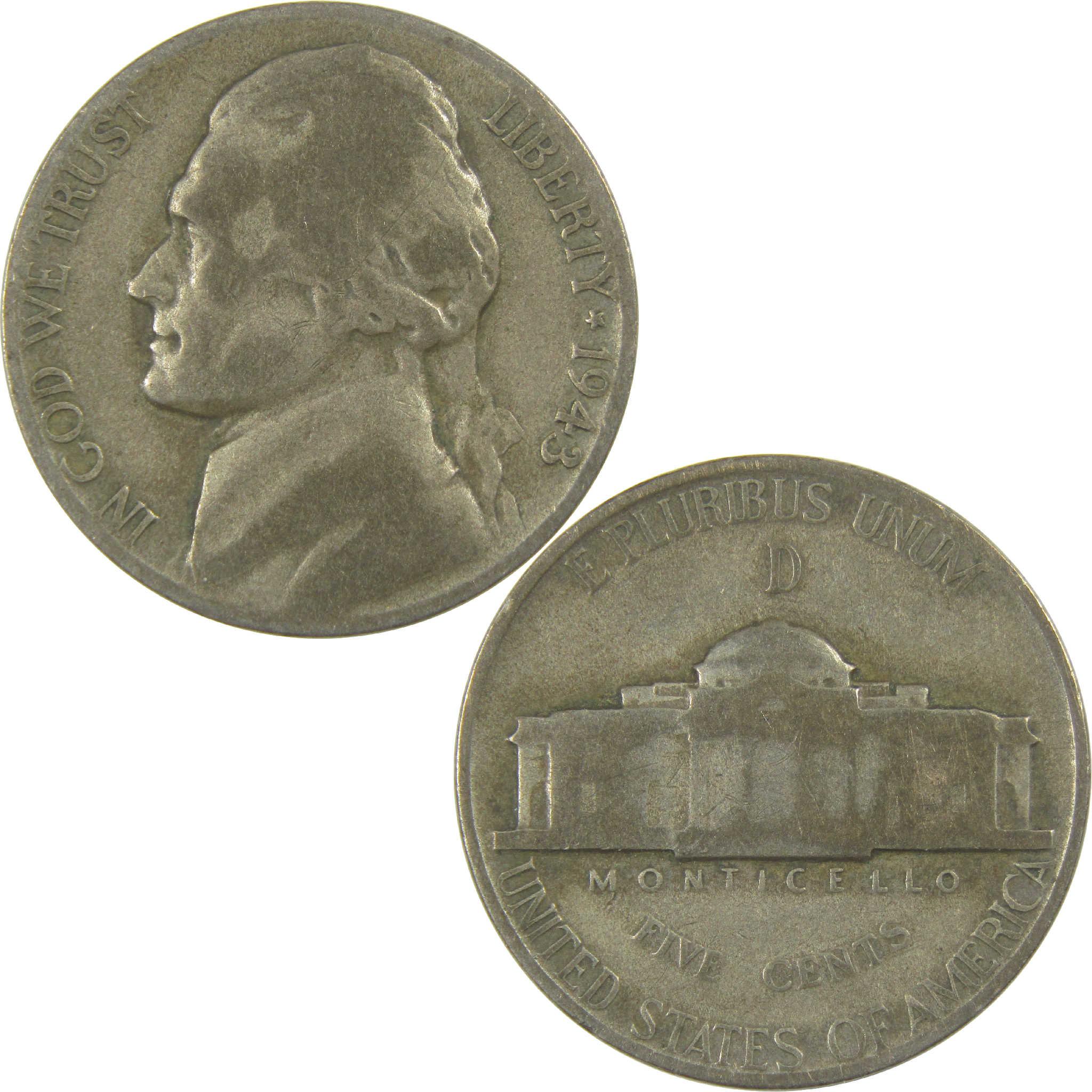 1943 D Jefferson Nickel Circulated Wartime Silver 5c Coin Collectible