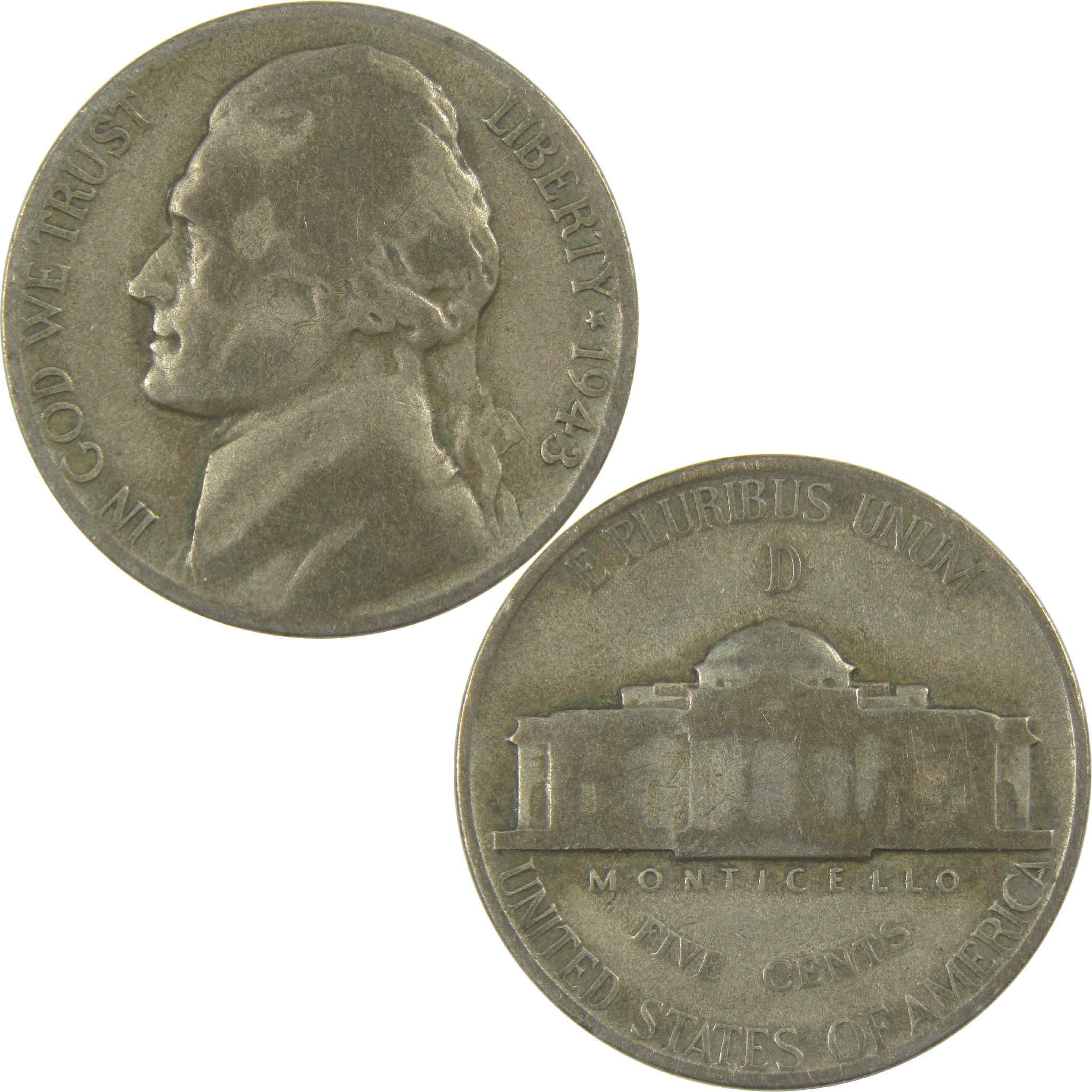 1943 D Jefferson Nickel Circulated Wartime Silver 5c Coin Collectible