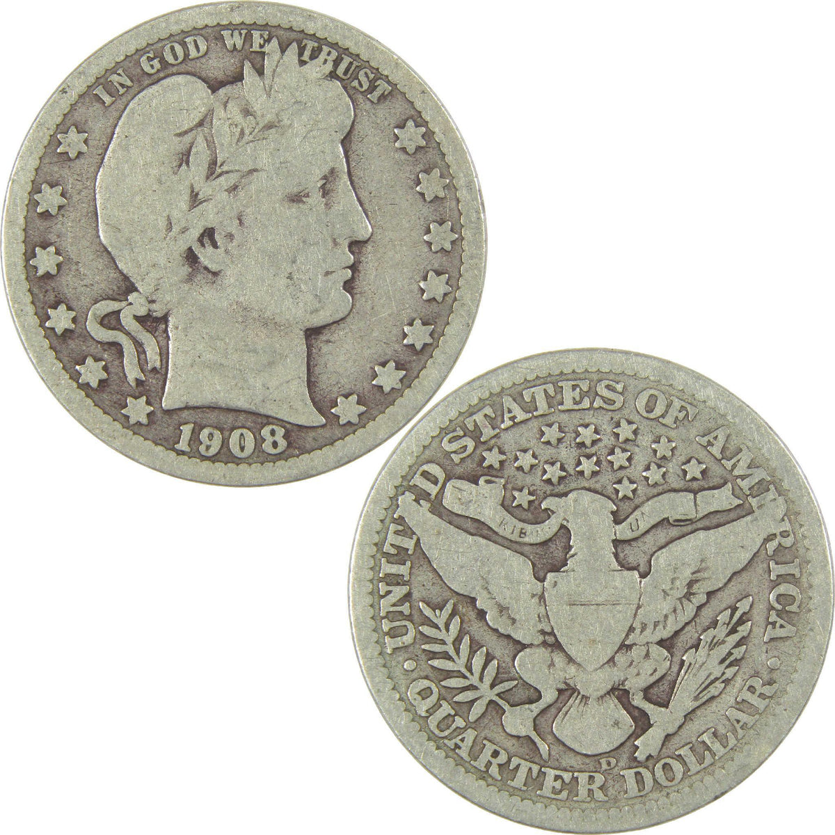 1908 D Barber Silver Quarter G Good 25c Coin Collectible