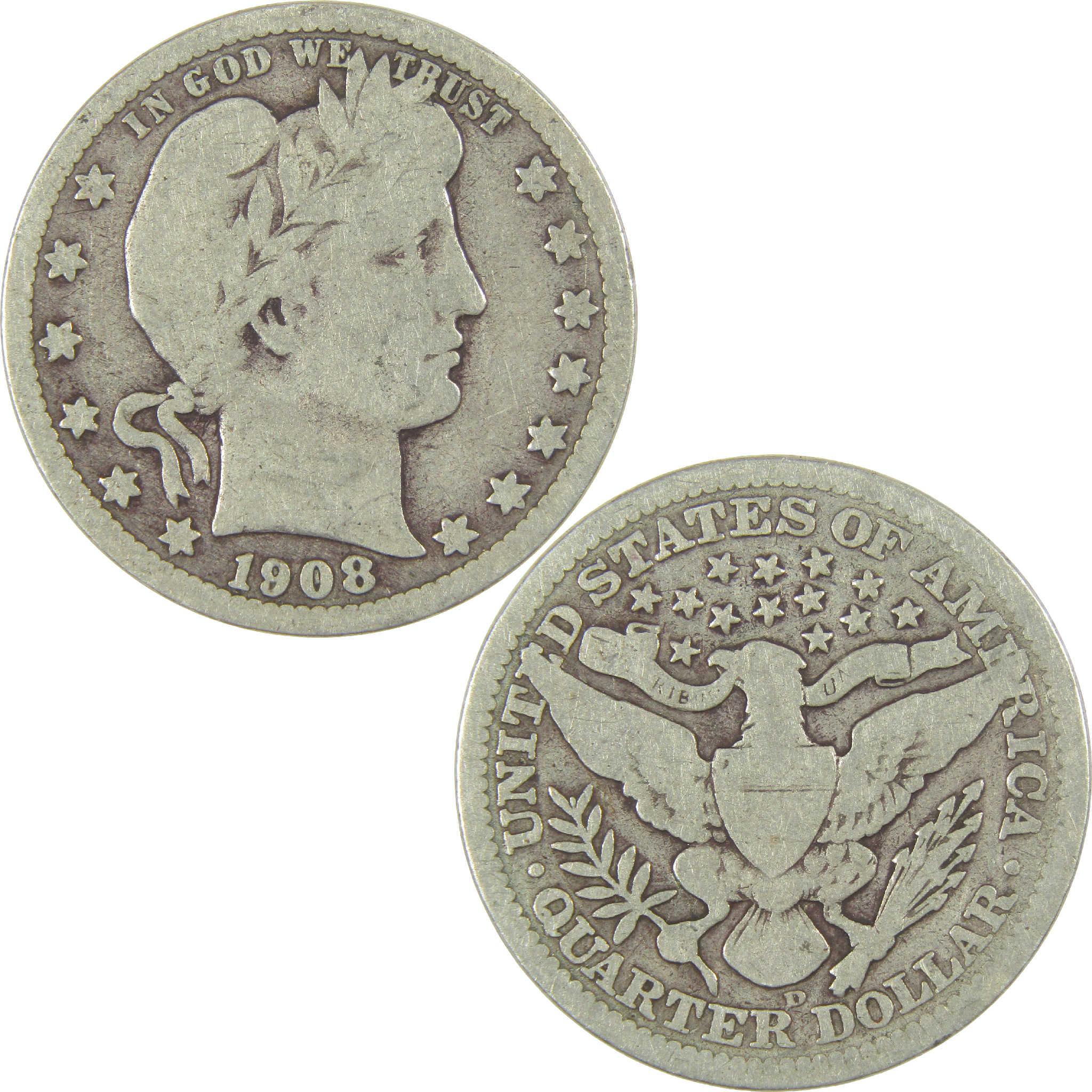 1908 D Barber Quarter G Good Silver 25c Coin