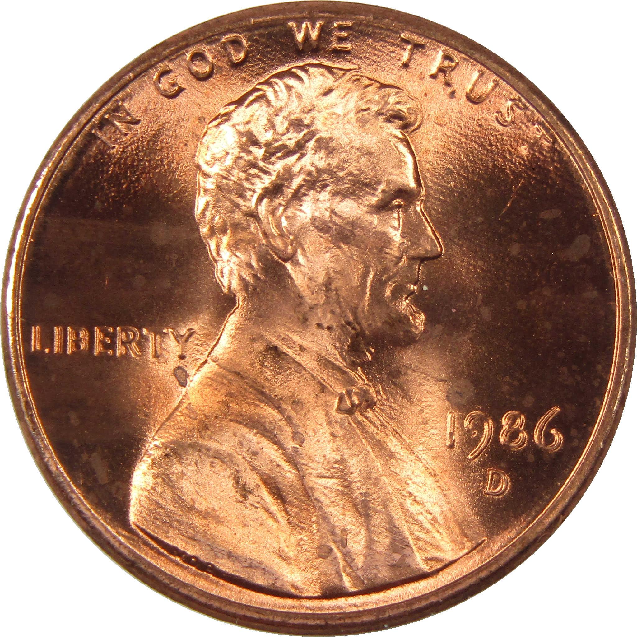 1986 D Lincoln cent collectible coin, copper color, obverse with Abraham Lincoln bust