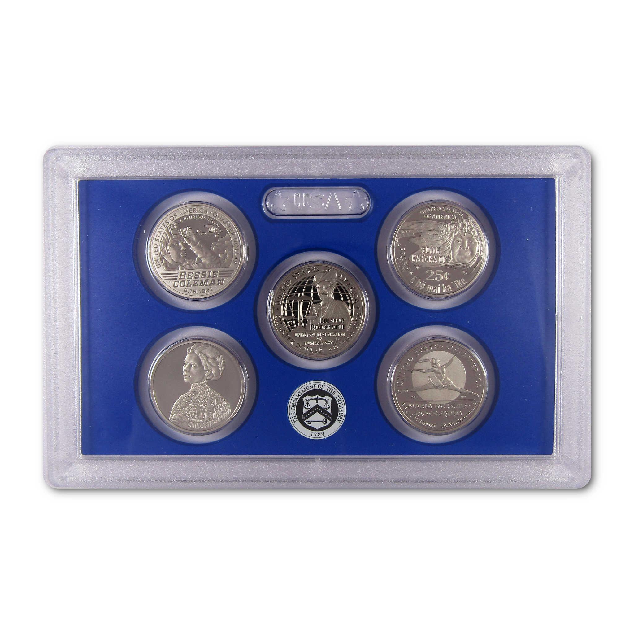 U.S. collectible coin set in blue display case featuring five unique quarter designs