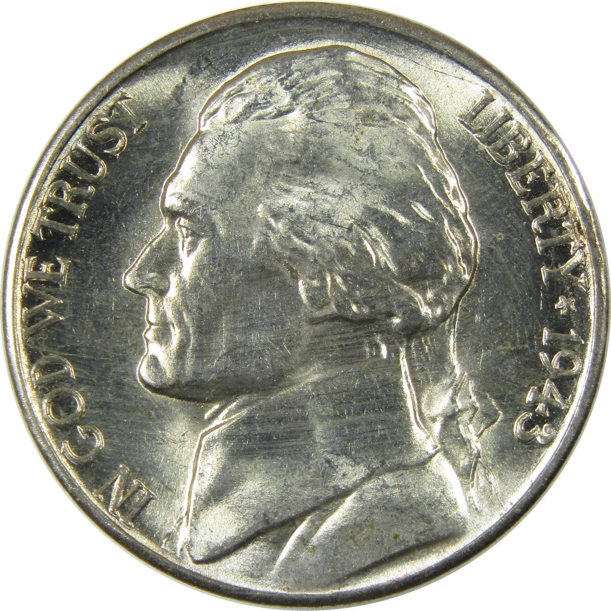 1943 D Jefferson Wartime Silver Nickel Uncirculated Mint State 5c Coin
