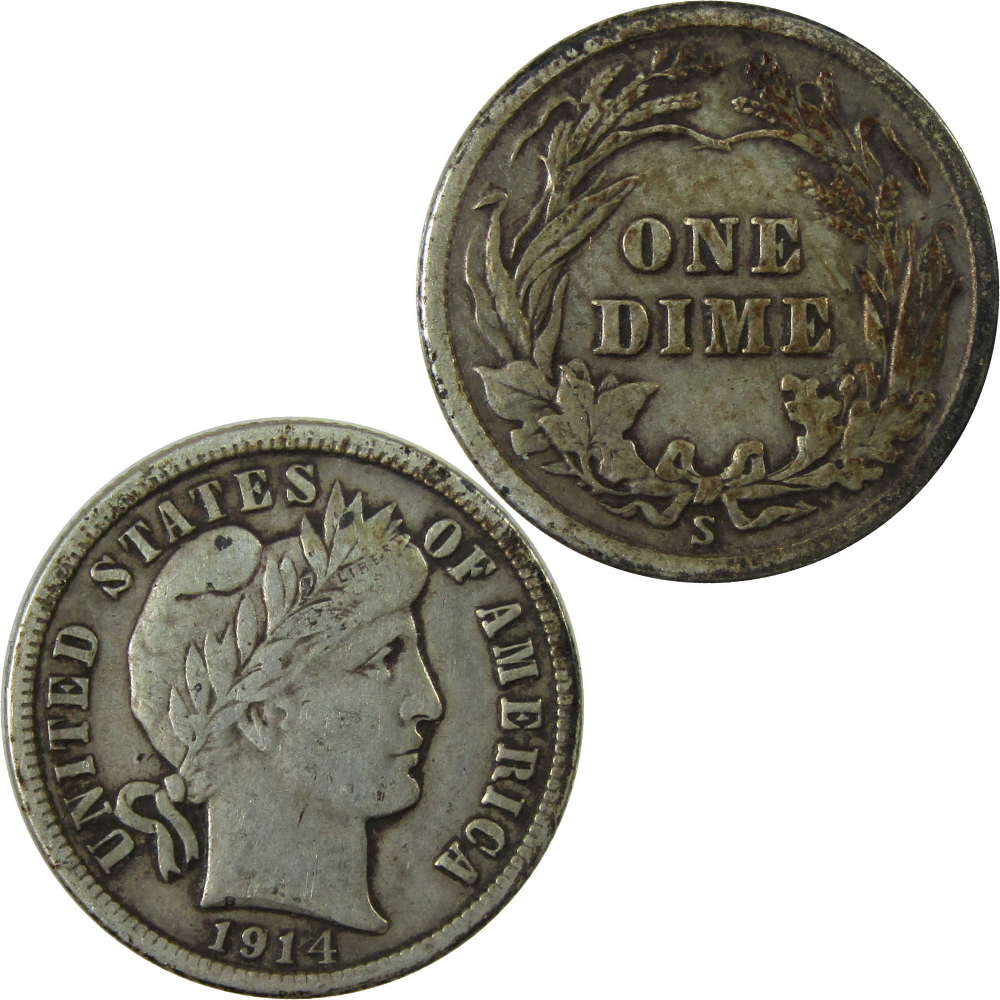 1914 S Barber Silver Dime F Fine 10c Coin SKU:I26066