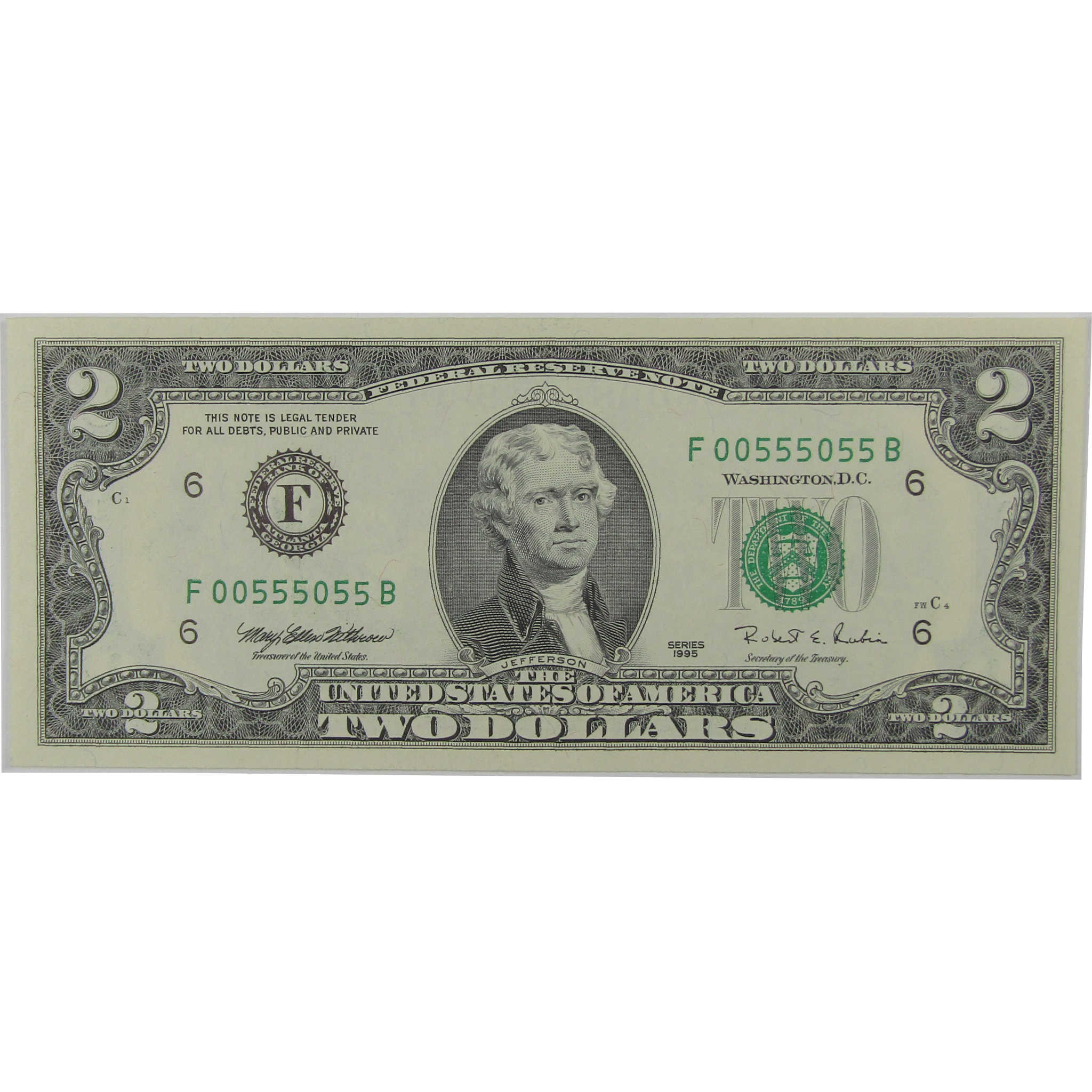 1995 $2 Federal Reserve Binary Note CCU Choice Crisp Uncirculated