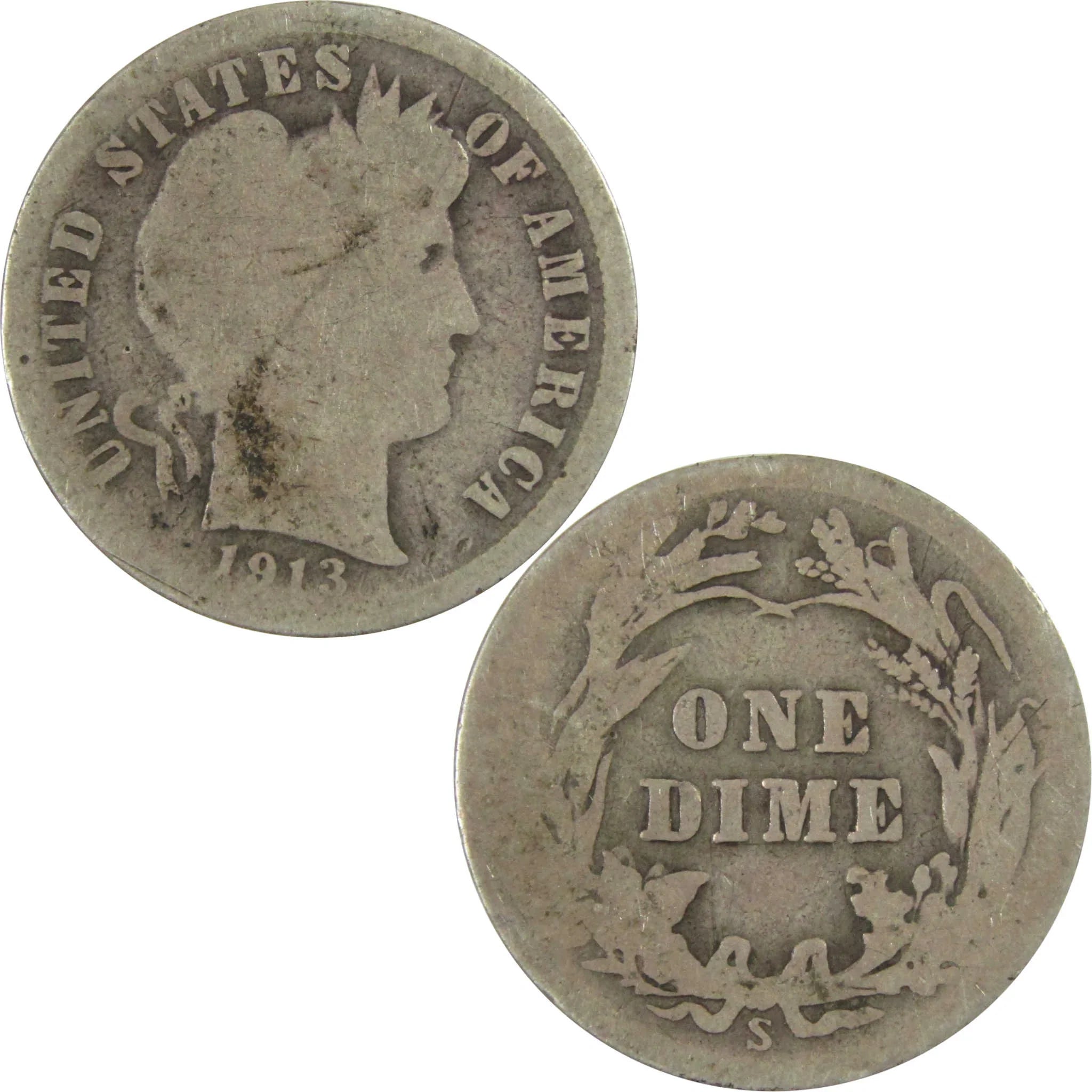 1913 S Barber Silver Dime AG About Good 10c Coin Collectible SKU:CP697