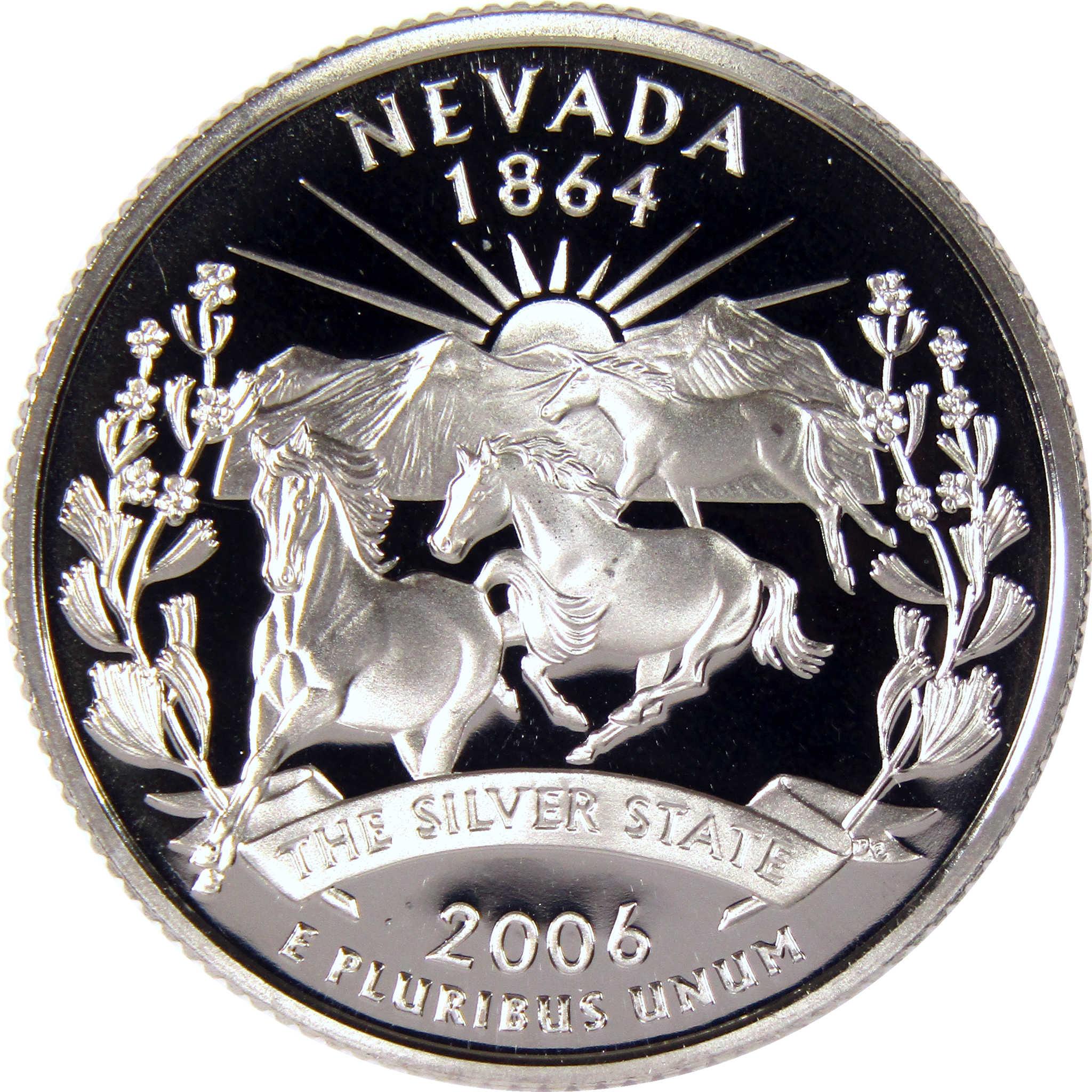 Nevada 2006 state quarter with wild horses, desert flowers, mountains, collectible coin