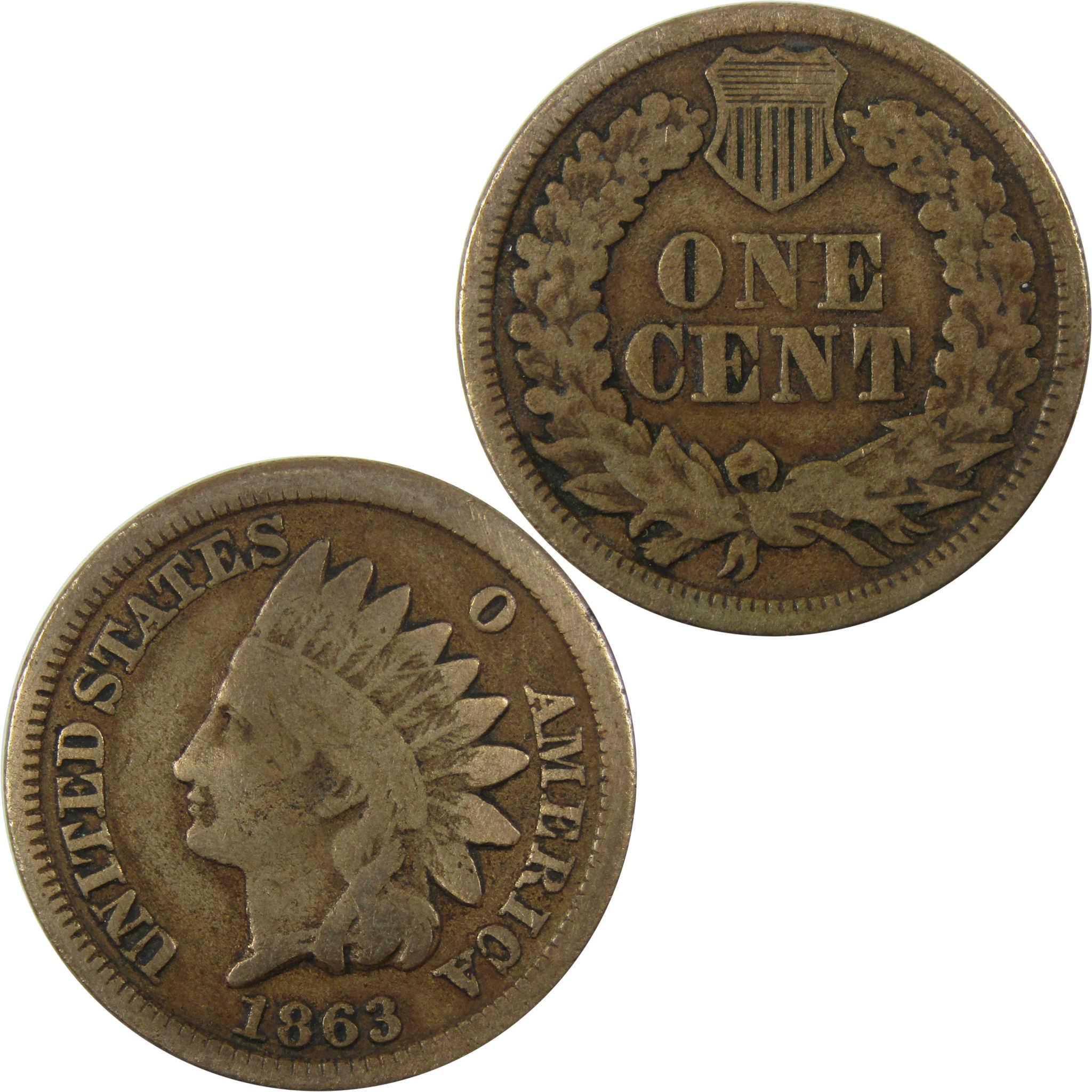 1863 Indian Head Cent VG Very Good Details Penny 1c Coin SKU:CP1272