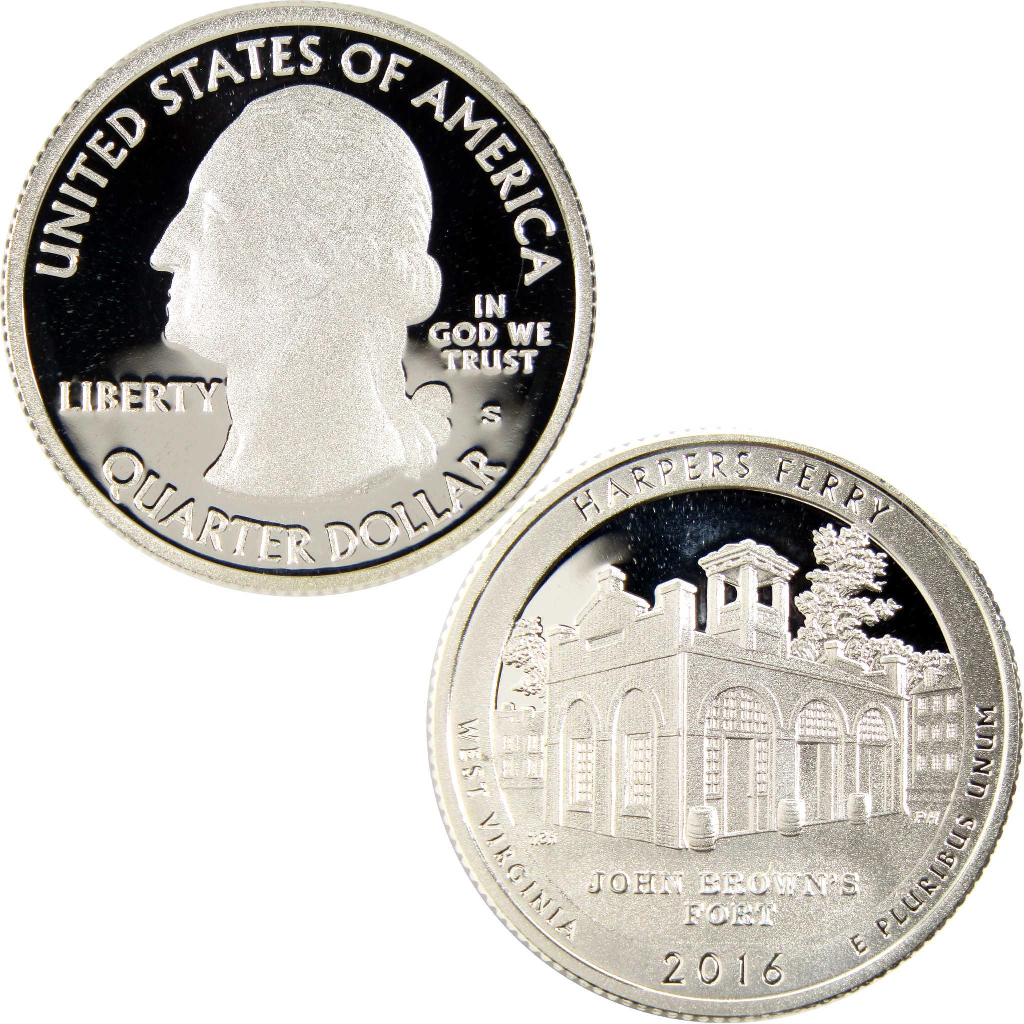 2016 Harpers Ferry West Virginia quarter dollar collectible coin, proof finish, two sides shown