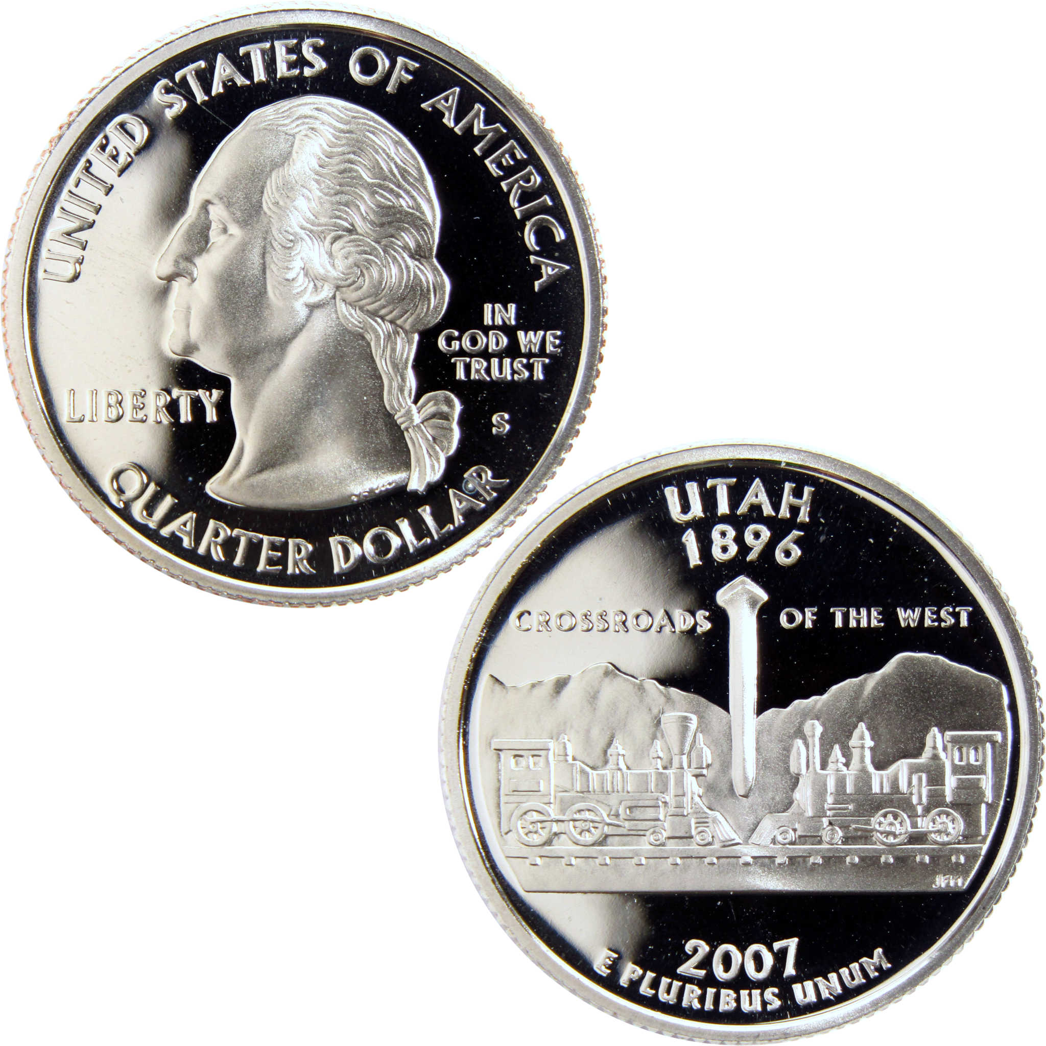 2007 Utah state quarter collectible coin featuring George Washington and train design