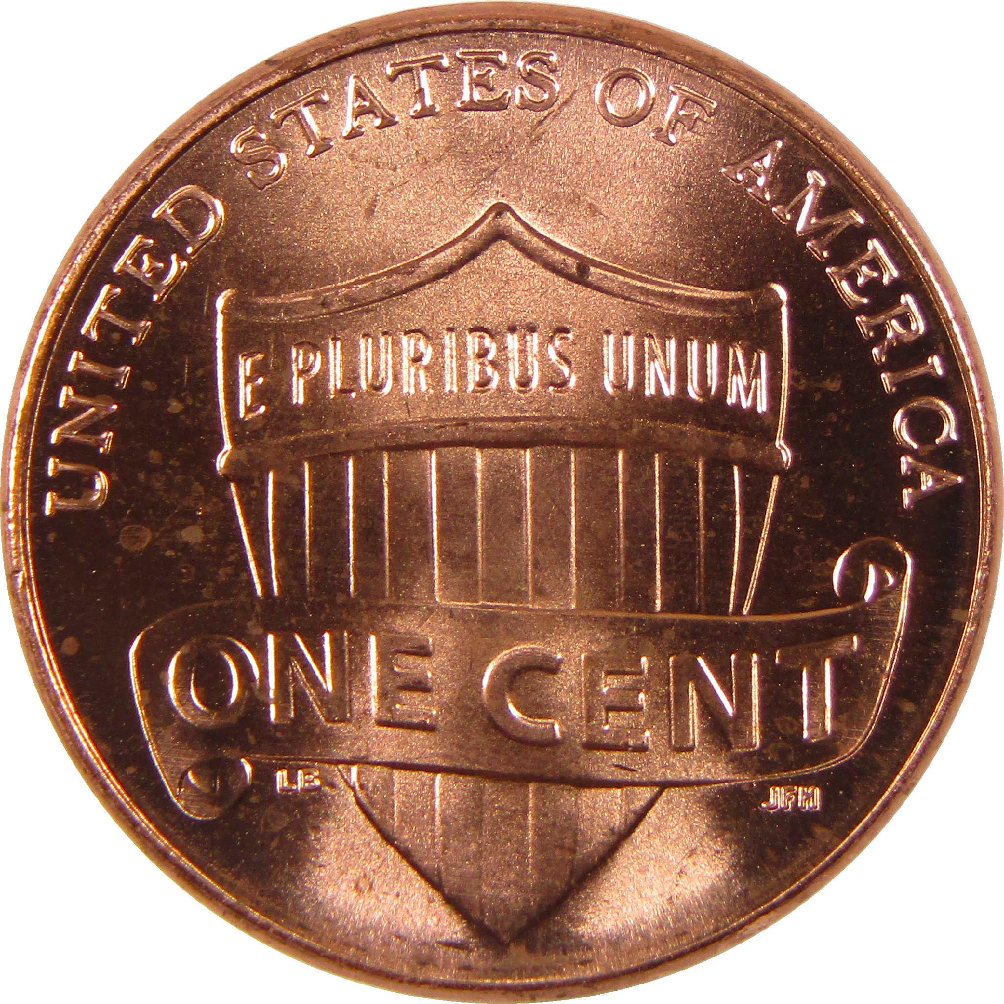 Reverse side of a US one cent coin with shield design and E Pluribus Unum motto