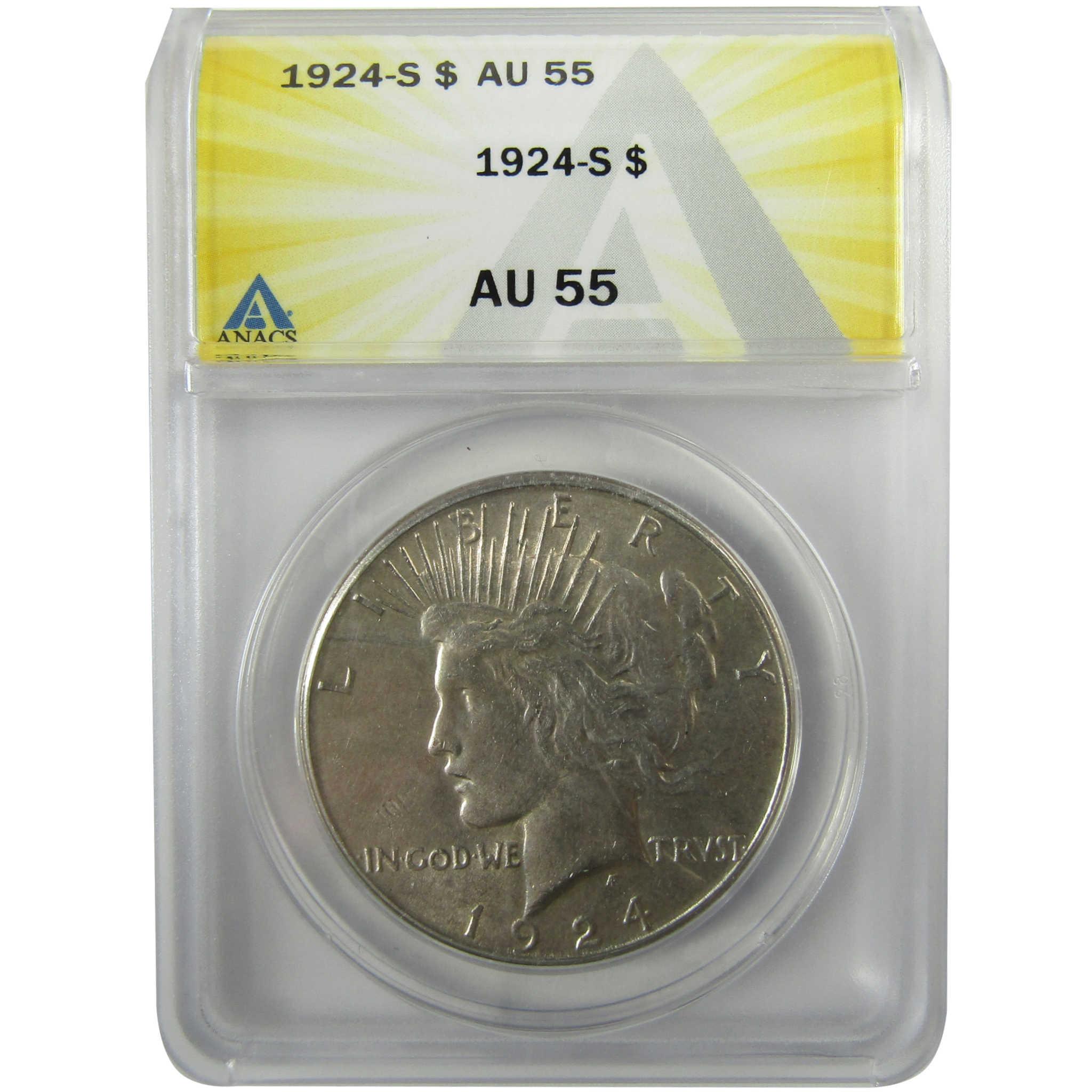 1924 S Peace Silver Dollar AU 55 ANACS $1 Coin Collectible SKU:I28009