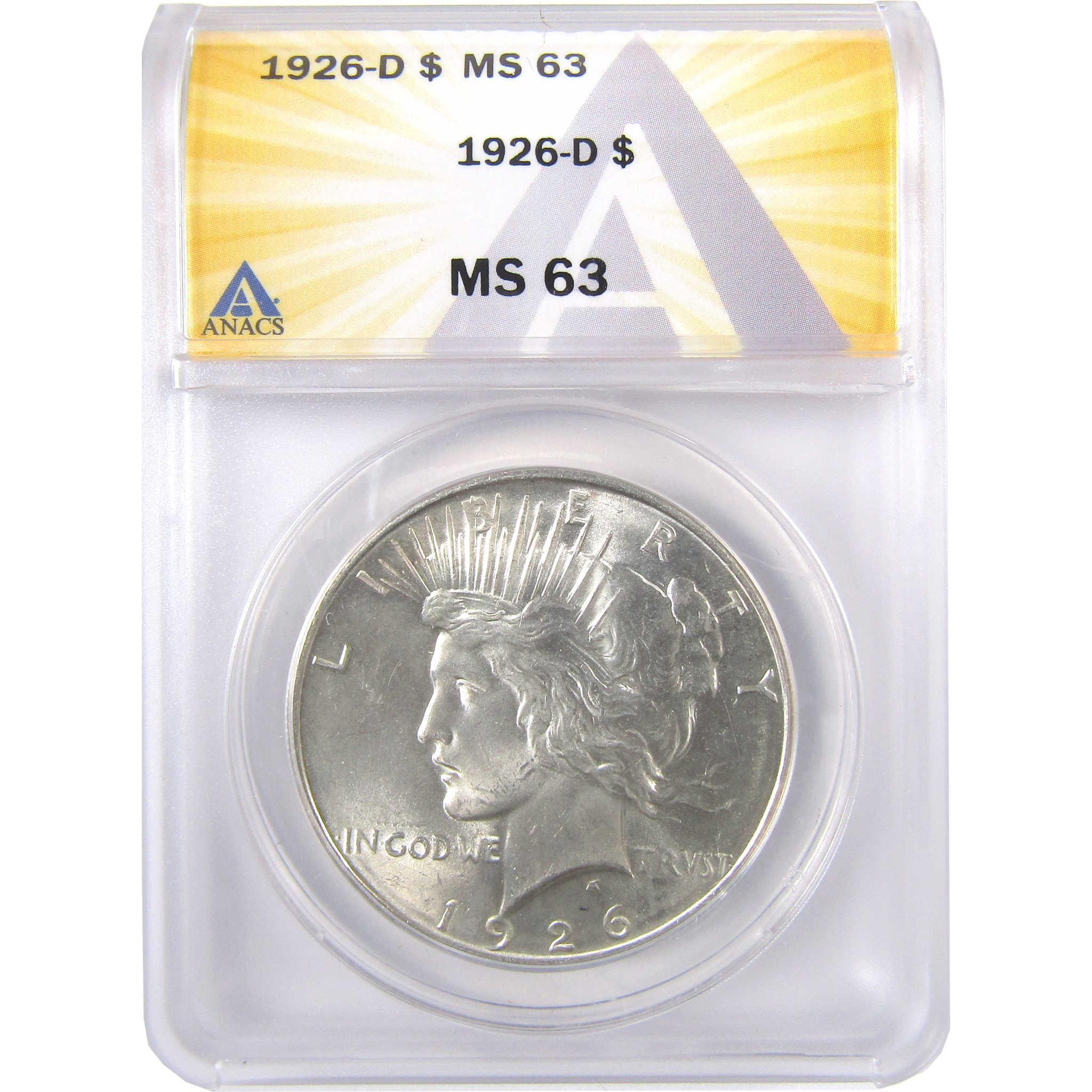 新国誠一 works 1952-1977 1926 D Peace Dollar MS 63 ANACS Silver Uncirculated SKU:CPC0235