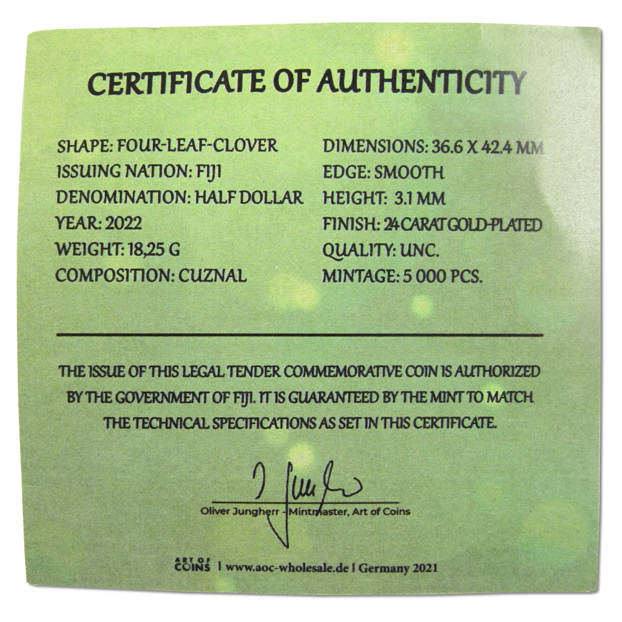 Four-Leaf Clover Uncirculated 24K Gold-Plated 50c Coin 2022 Fiji COA