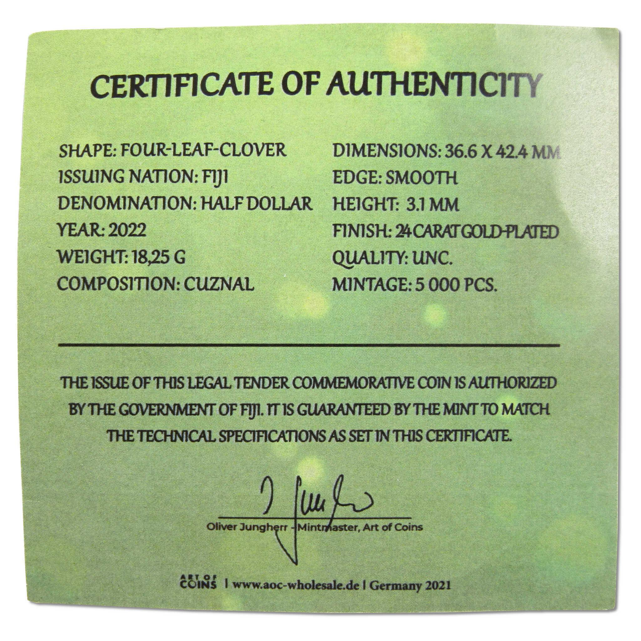 Four-Leaf Clover Uncirculated 24K Gold-Plated 50c Coin 2022 Fiji COA