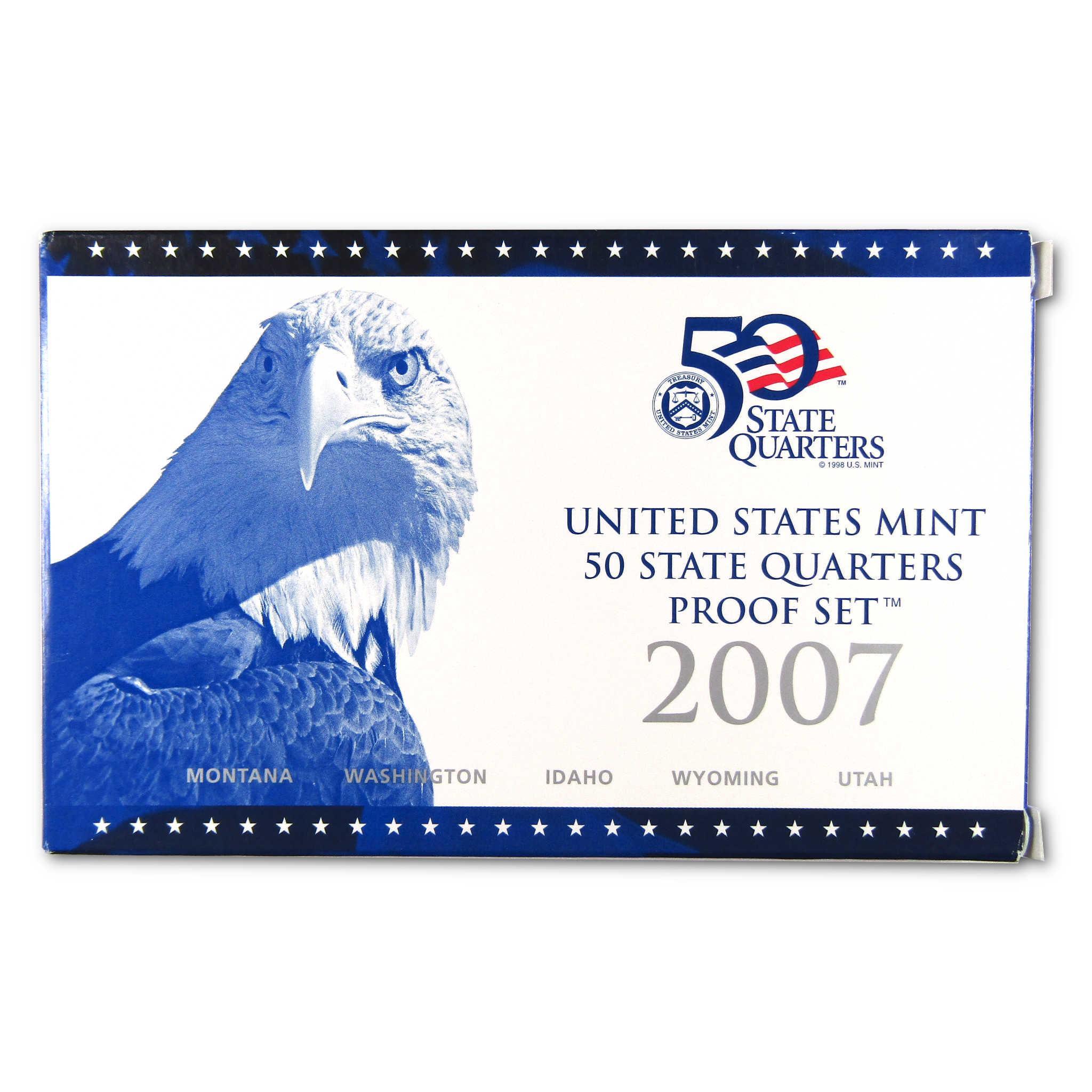 2007 United States Mint 50 State Quarters Proof Set box with eagle and state names