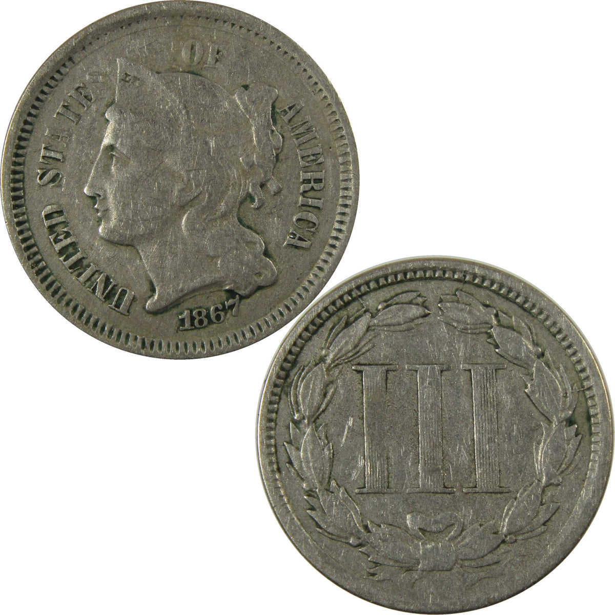 1867 Nickel Three Cent Piece VF Very Fine Details 3c Coin SKU:I28515