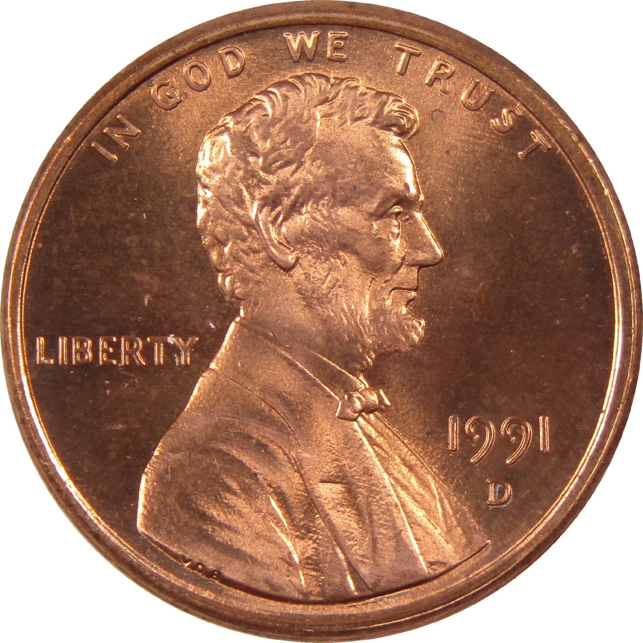 1991 D Lincoln penny collectible coin, copper color with Abraham Lincoln portrait, US currency
