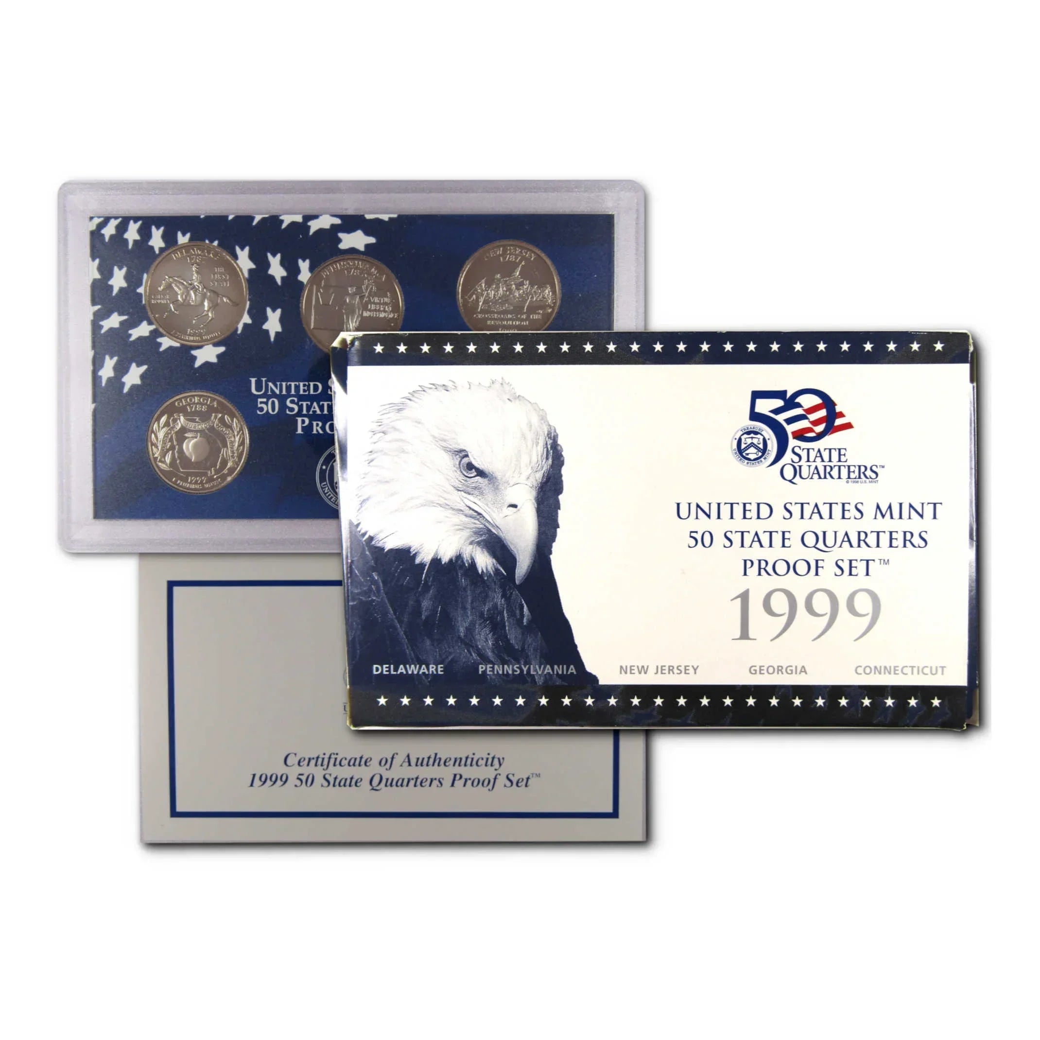 1999 United States Mint 50 State Quarters Proof Set with coins, packaging, and certificate