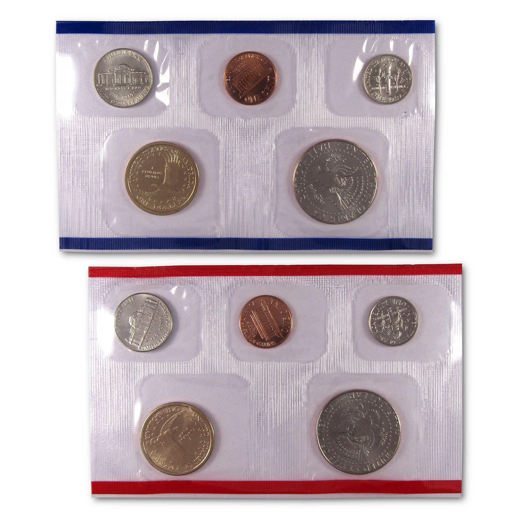 US collectible coin set in protective plastic sleeves, featuring various denominations.