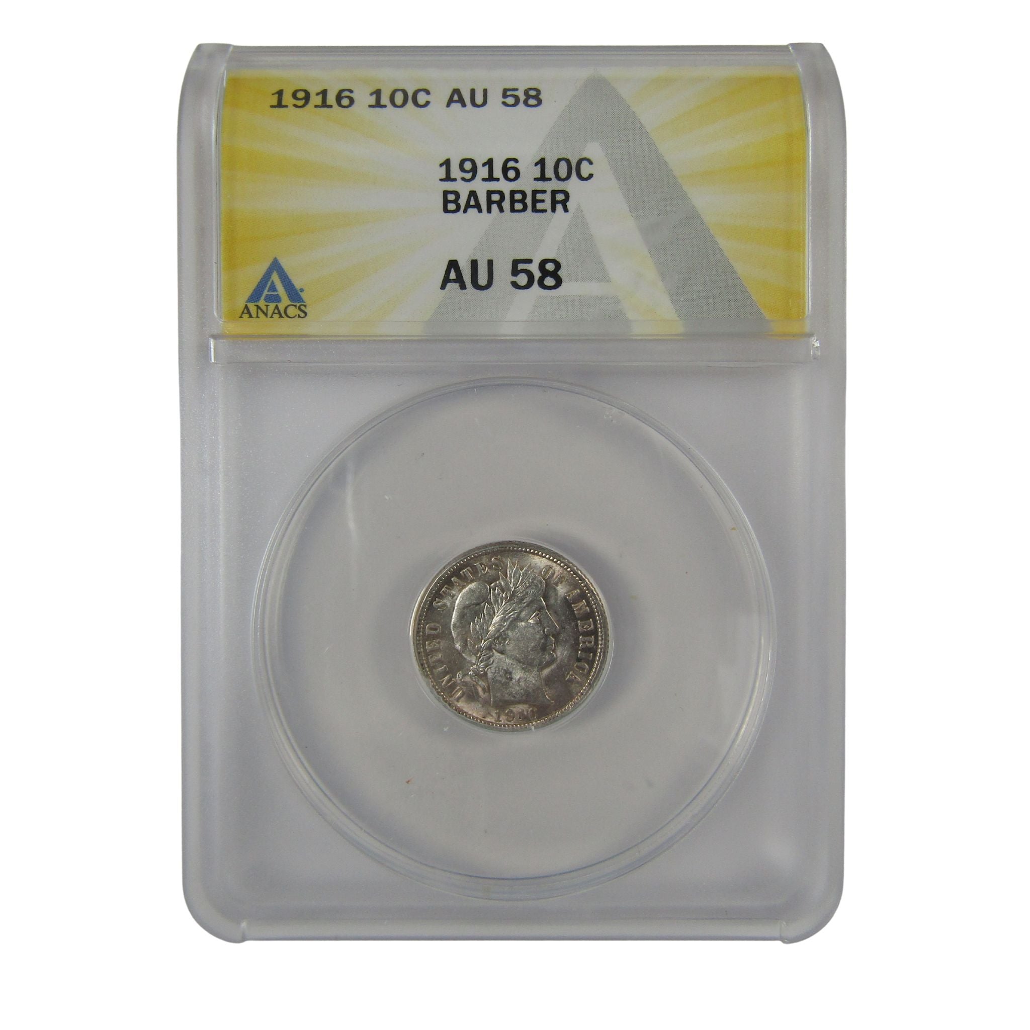 1916 Barber Dime AU 58 ANACS Silver 10c Coin SKU:I23027