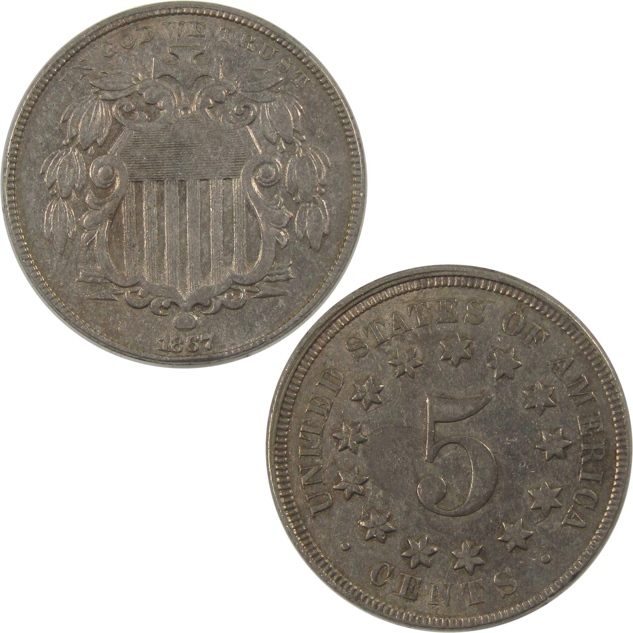 1867 No Rays Shield Nickel AU About Uncirculated 5c Coin SKU:I24560