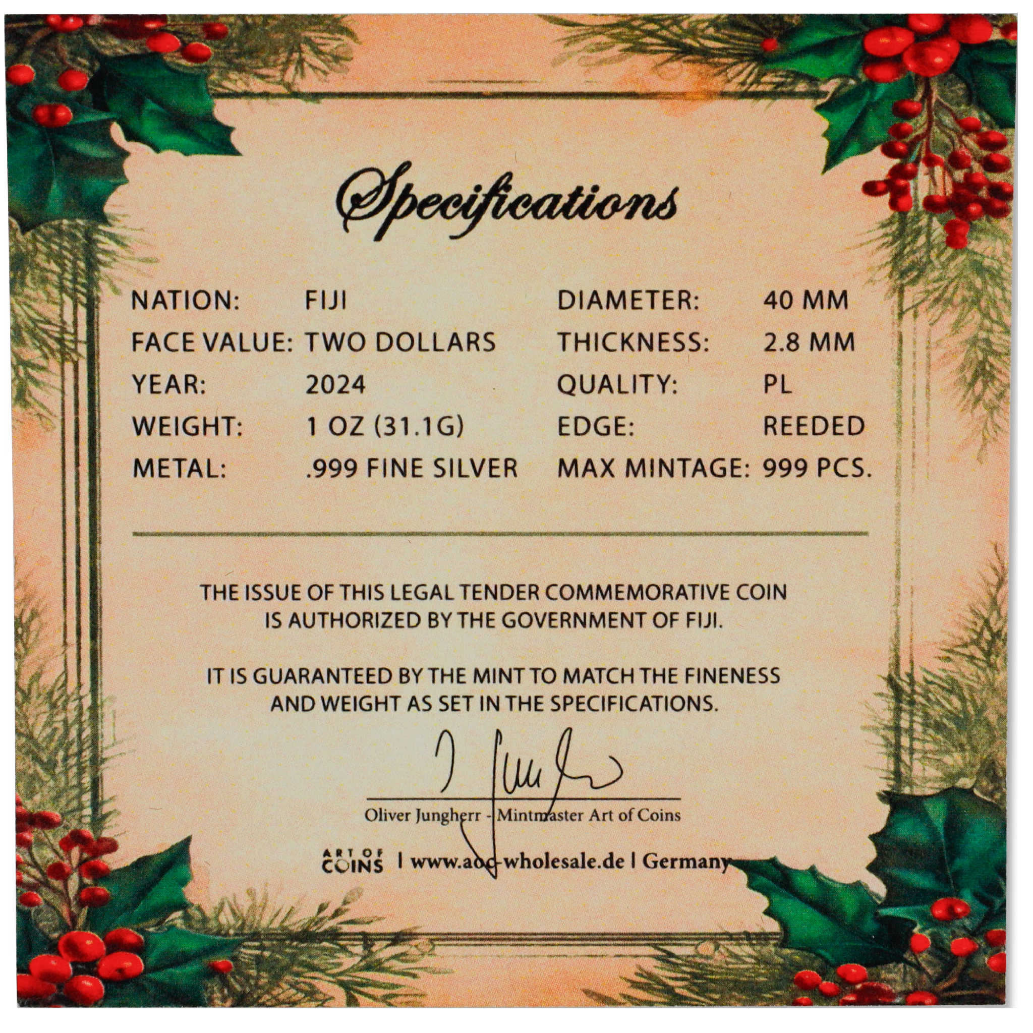 Christmas Angel 1 oz .999 Silver Proof-Like $2 Coin 2024 Fiji COA