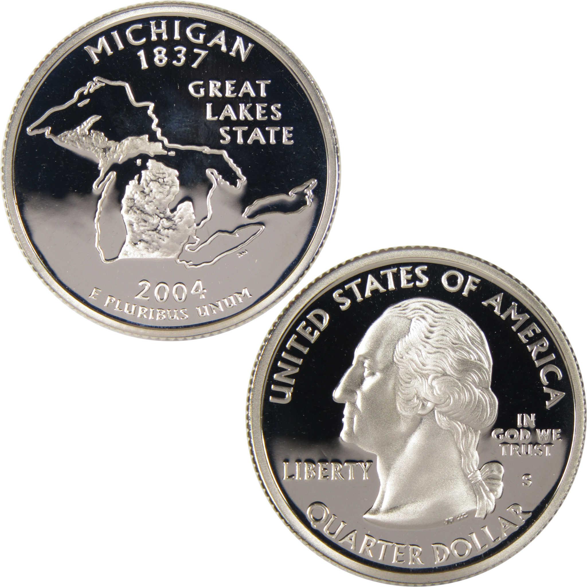 2004 Michigan state quarter collectible coin with state outline and Washington portrait