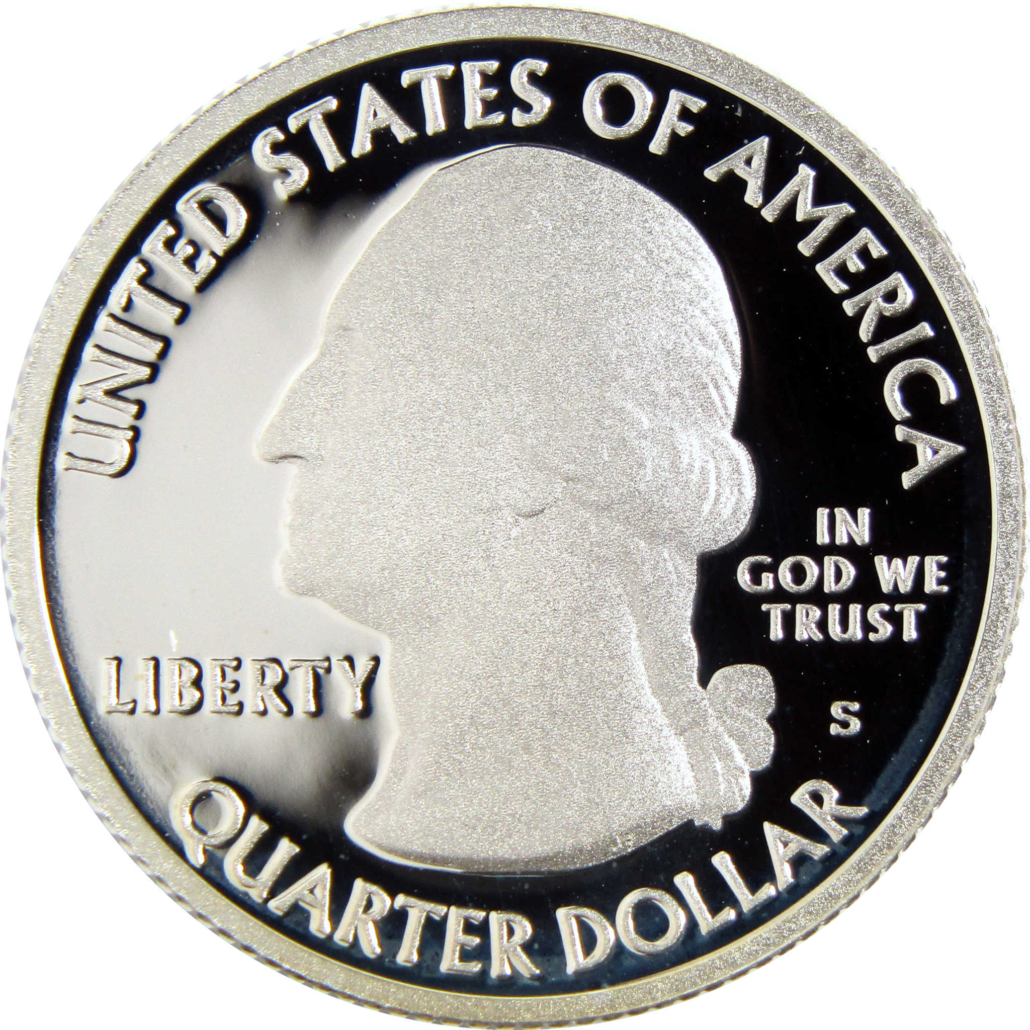 Proof United States quarter dollar coin with Washington profile, mirror finish, and 'S' mint mark