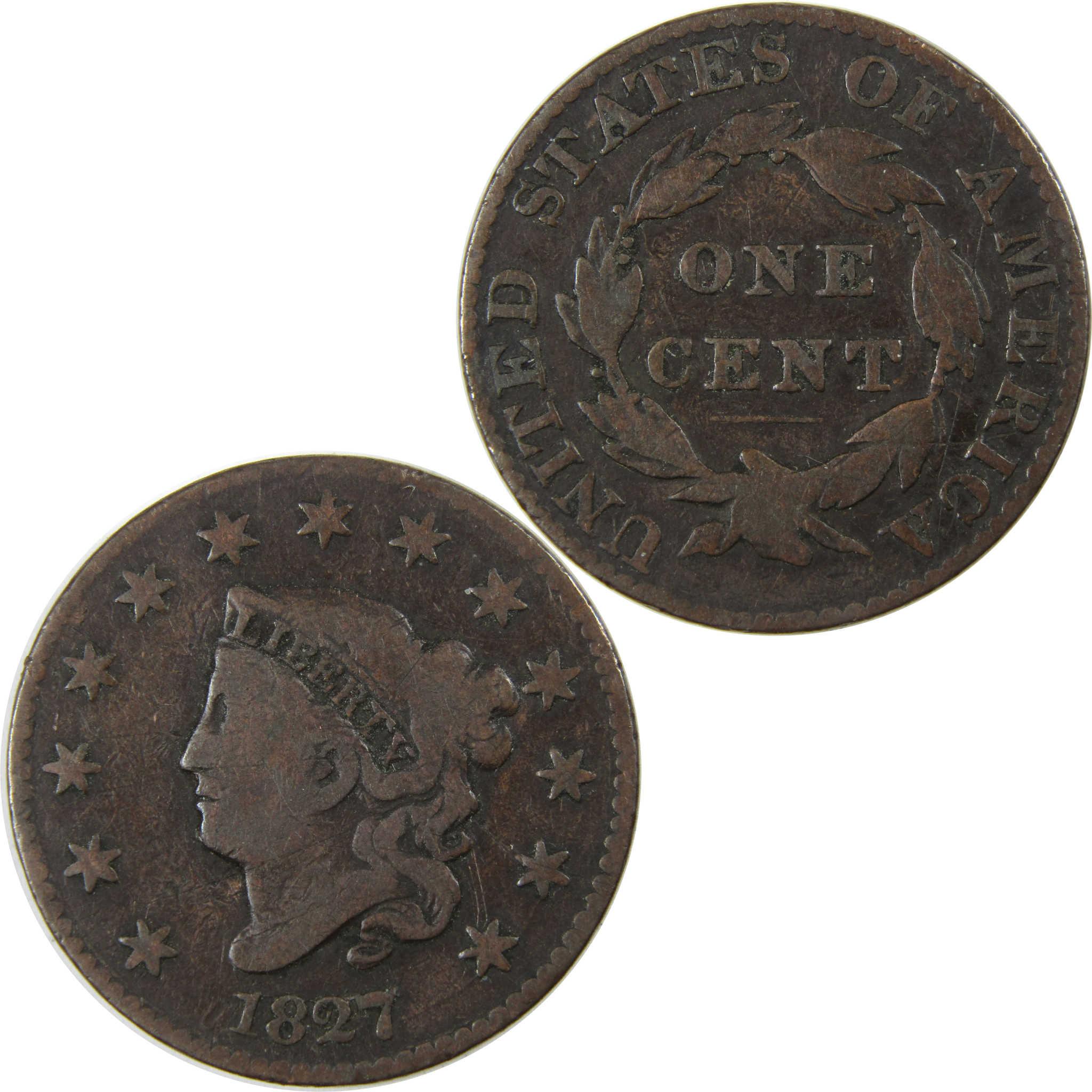 1827 Coronet Head Large Cent VG Very Good Copper Penny SKU:I23924