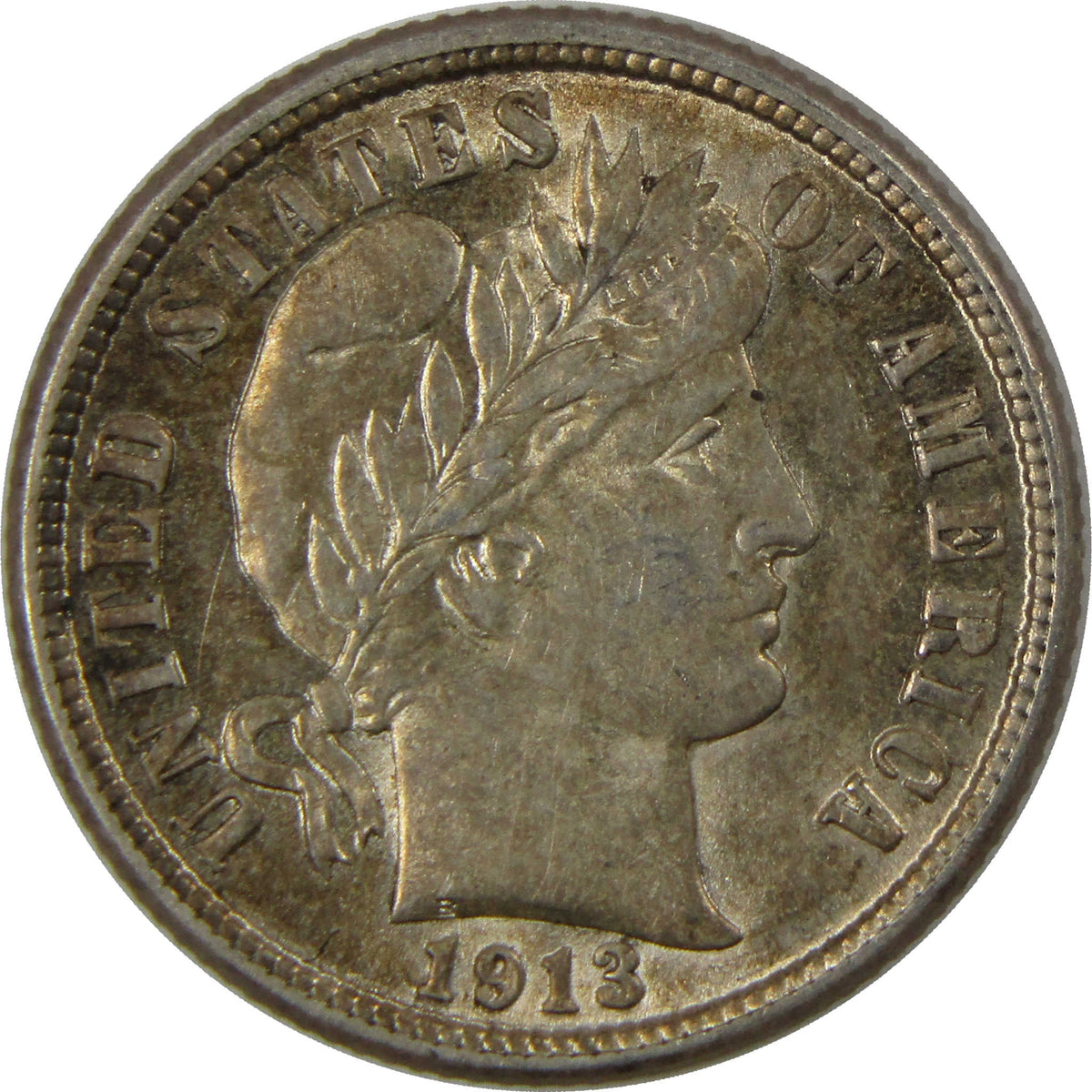 1913 Barber Silver Dime Borderline Uncirculated 10c Coin Collectible