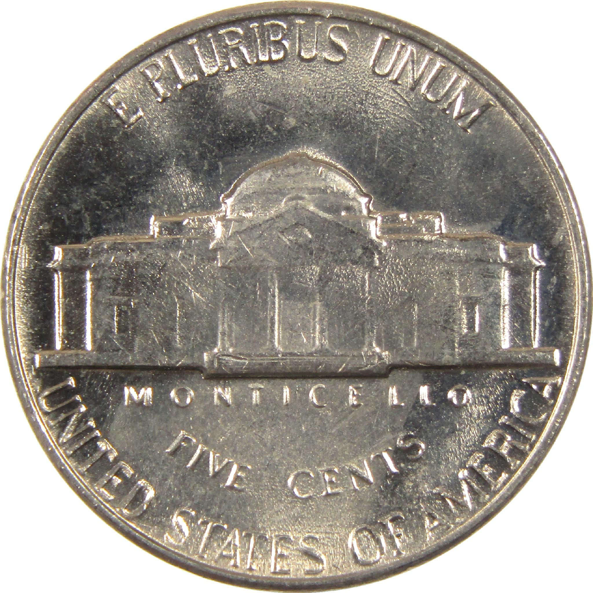 US nickel reverse side showing Monticello building, E Pluribus Unum, and Five Cents text