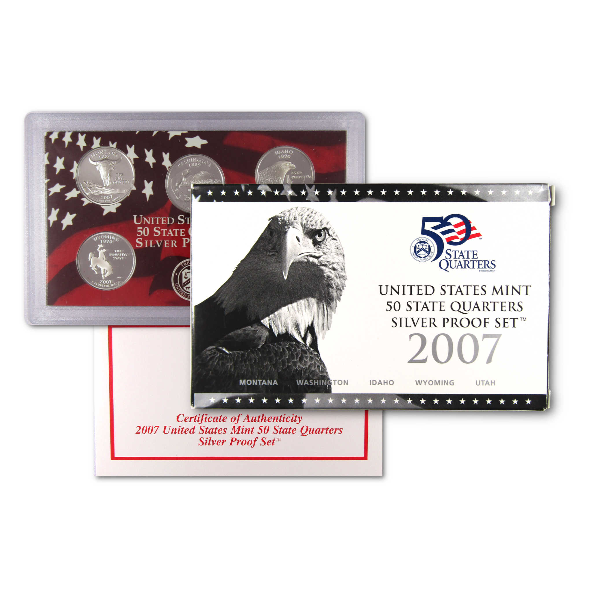 2007 United States Mint 50 State Quarters silver proof set with certificate and packaging