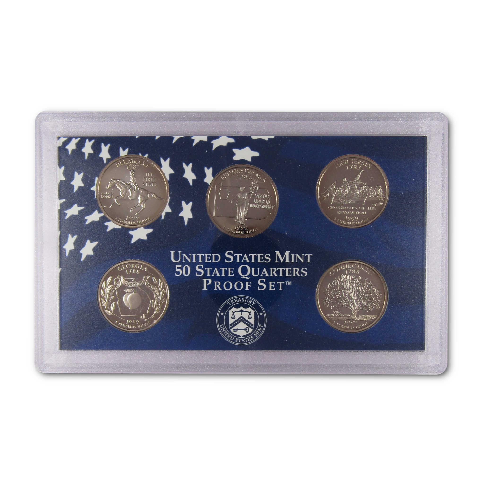 United States Mint 50 State Quarters proof set with five collectible coins in display case